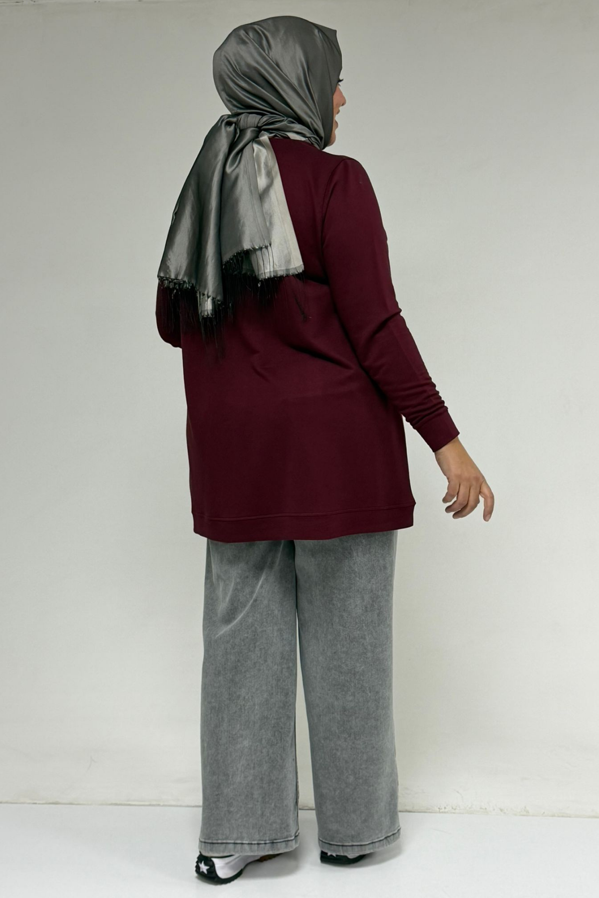 58170-E Büyük Beden Eteği Kendi Kumaşından Ribanalı Kristal Tunik - Bordo