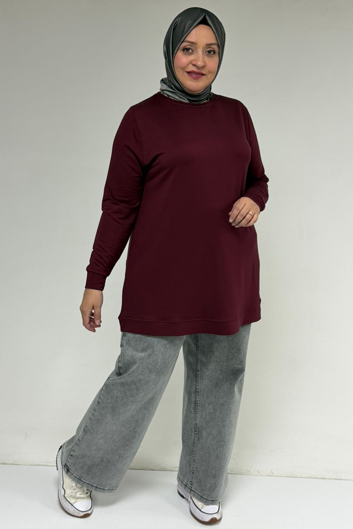 58170-E Büyük Beden Eteği Kendi Kumaşından Ribanalı Kristal Tunik - Bordo