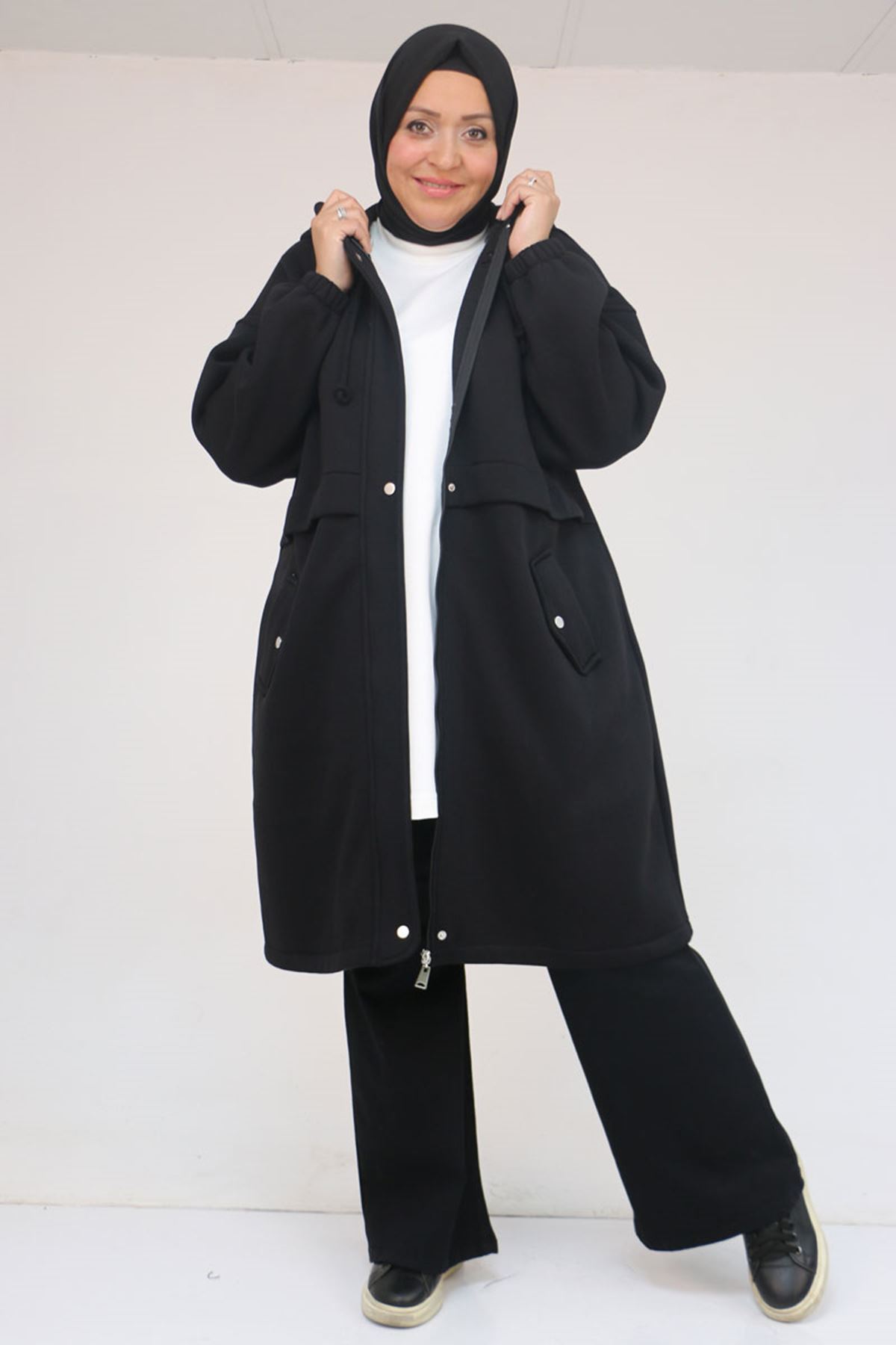 43076-E Büyük Beden Cepli Kapşonlu Üç İplik Kap - Siyah 