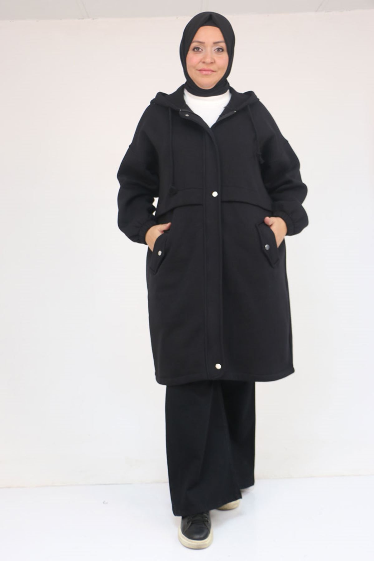 43076-E Büyük Beden Cepli Kapşonlu Üç İplik Kap - Siyah 