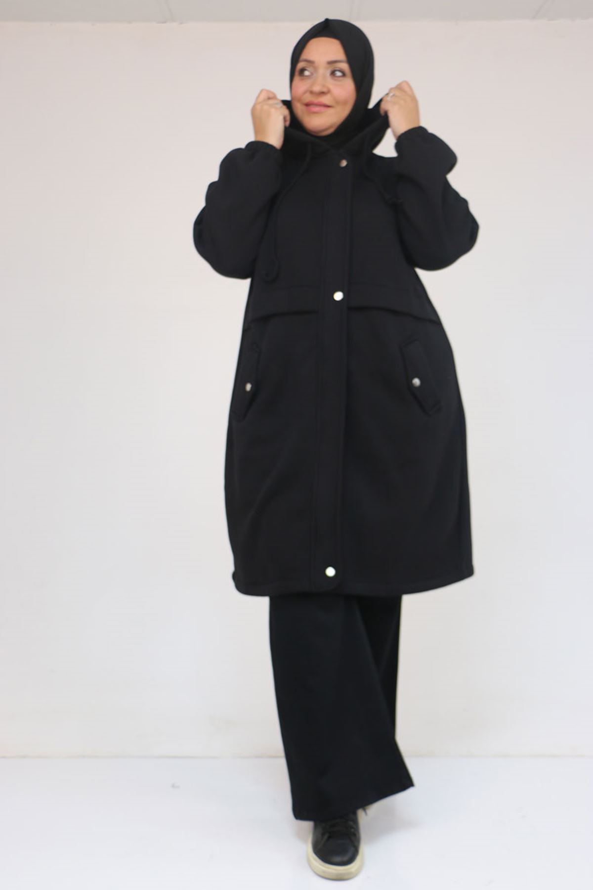 43076-E Büyük Beden Cepli Kapşonlu Üç İplik Kap - Siyah 