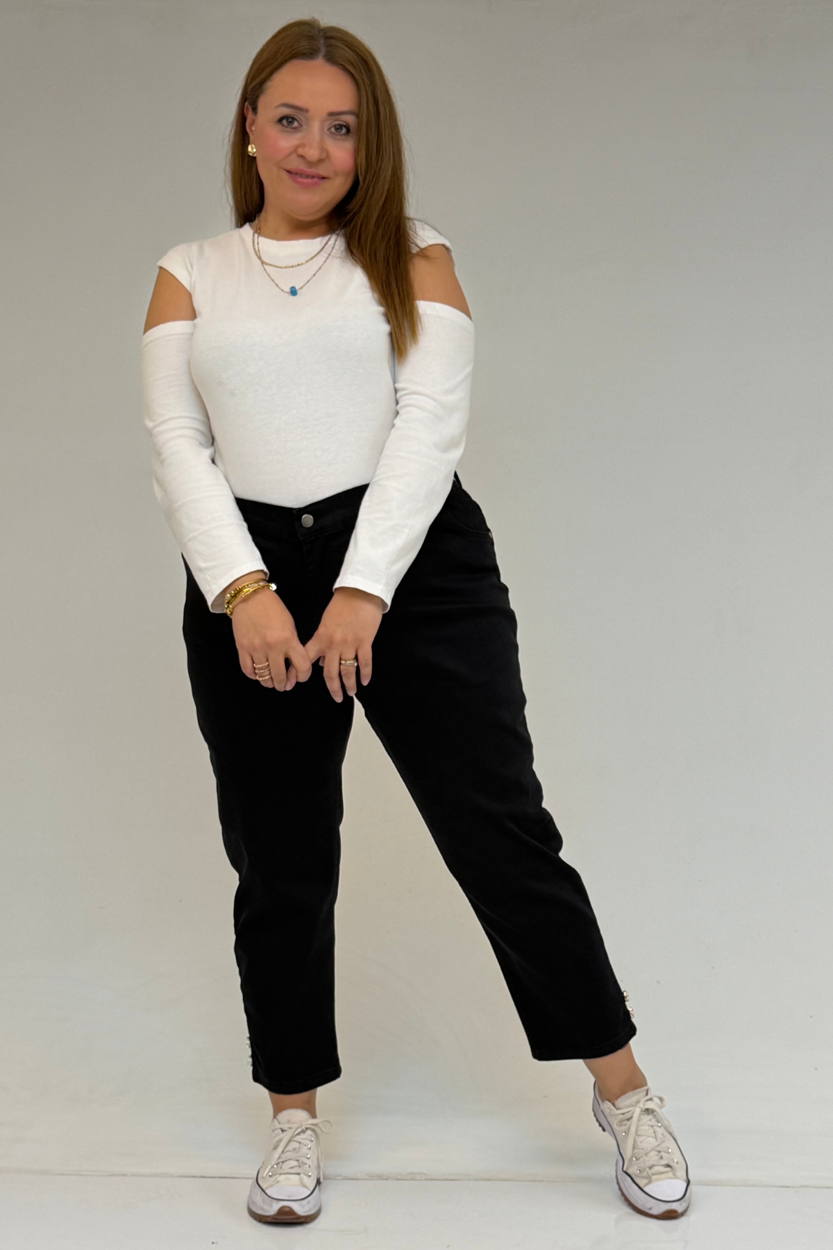 59045 Büyük Beden Paçası Taş Detaylı Boyfriend Kot Pantolon - Siyah