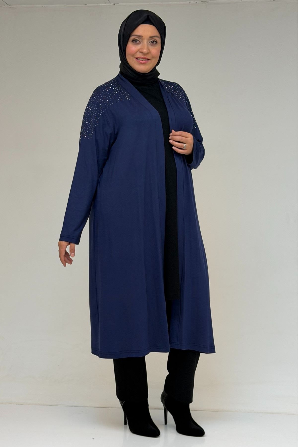 53069 Büyük Beden Omzu Taş Detaylı Penye Ceket - İndigo