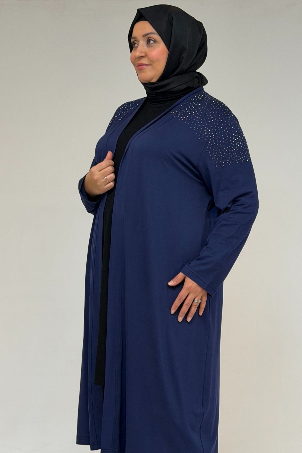 53069 Büyük Beden Omzu Taş Detaylı Penye Ceket - İndigo