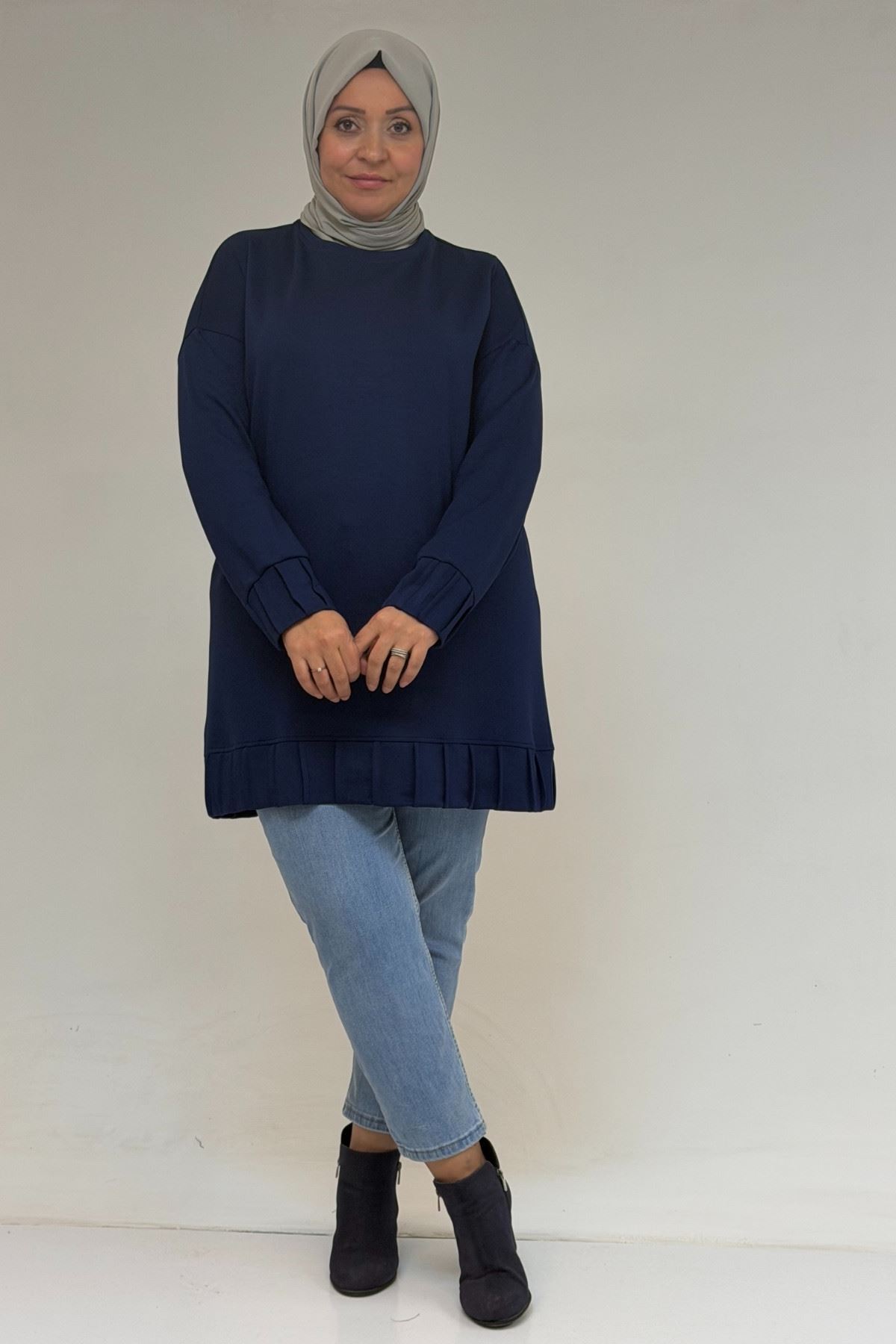 58173 Büyük Beden Çıma Detaylı Modal Tunik - İndigo