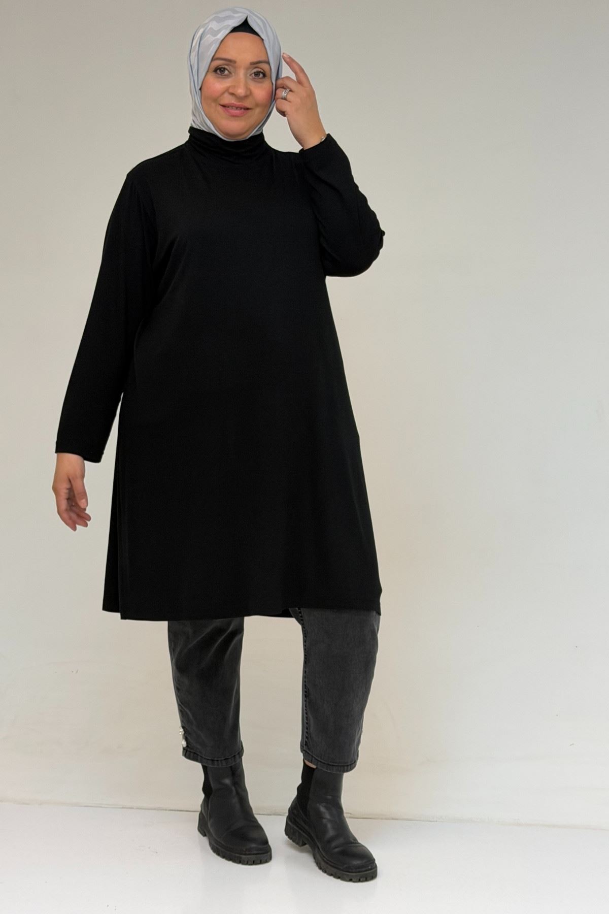 58175 Büyük Beden Boğazlı Yaka Basic Penye Tunik - Siyah
