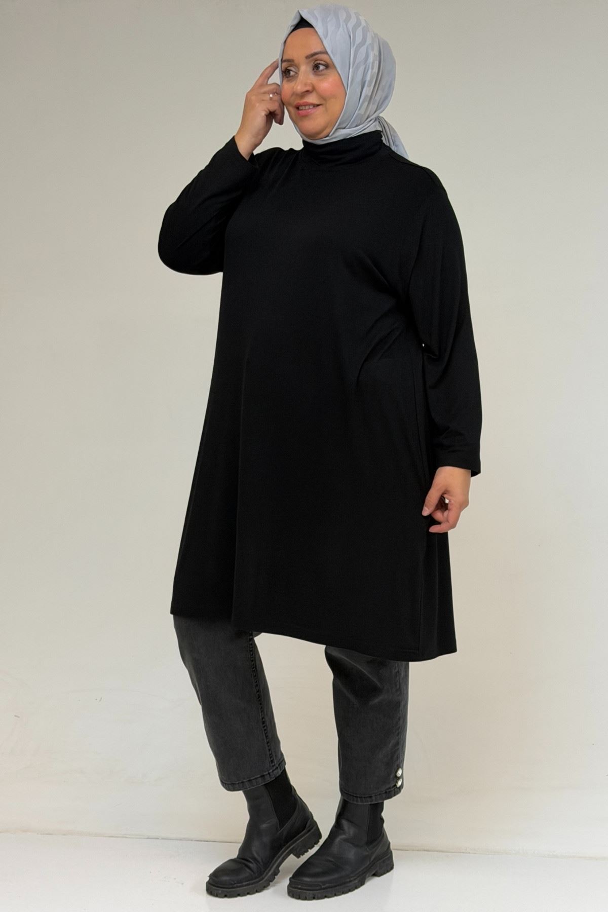 58175 Büyük Beden Boğazlı Yaka Basic Penye Tunik - Siyah