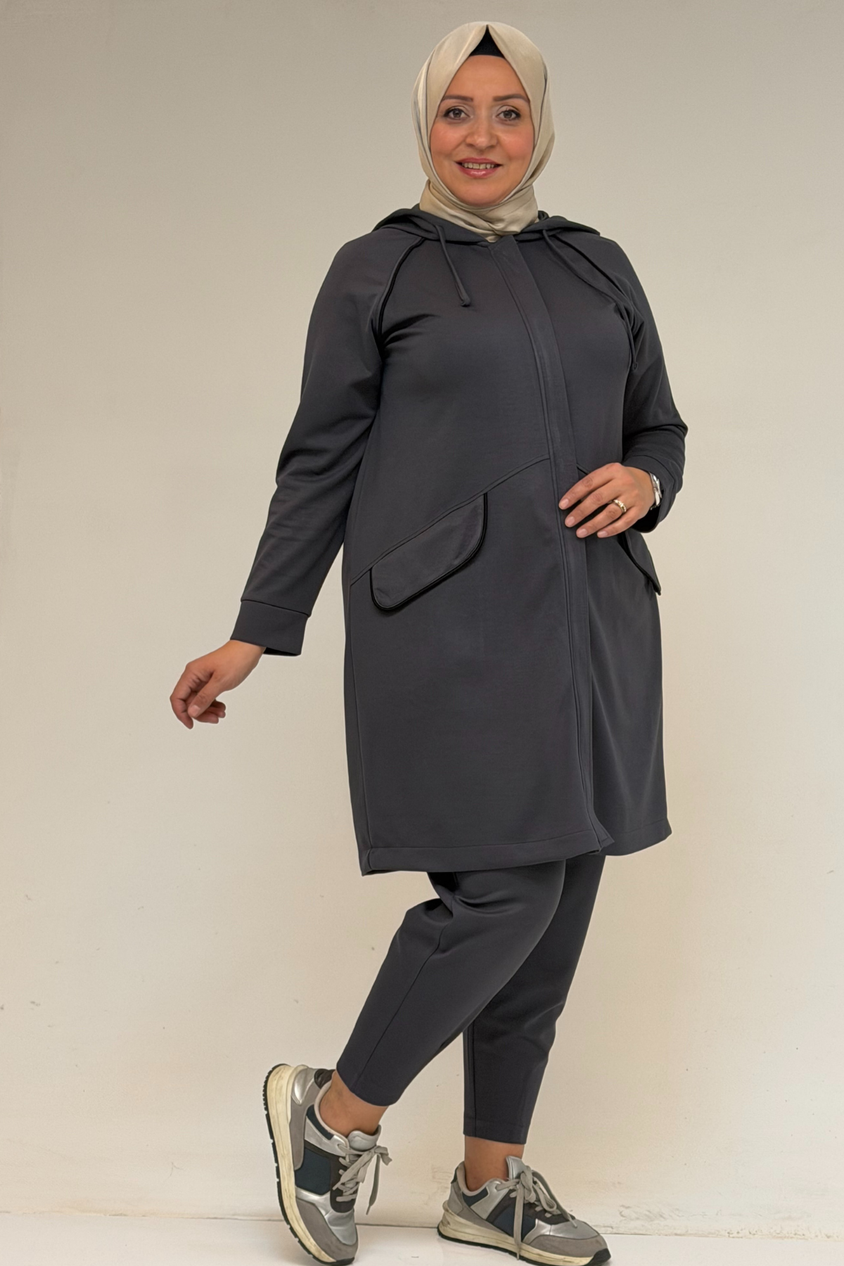 47068 Büyük Beden Çıtçıt Detaylı Modal Tunik Takım  - Antrasit