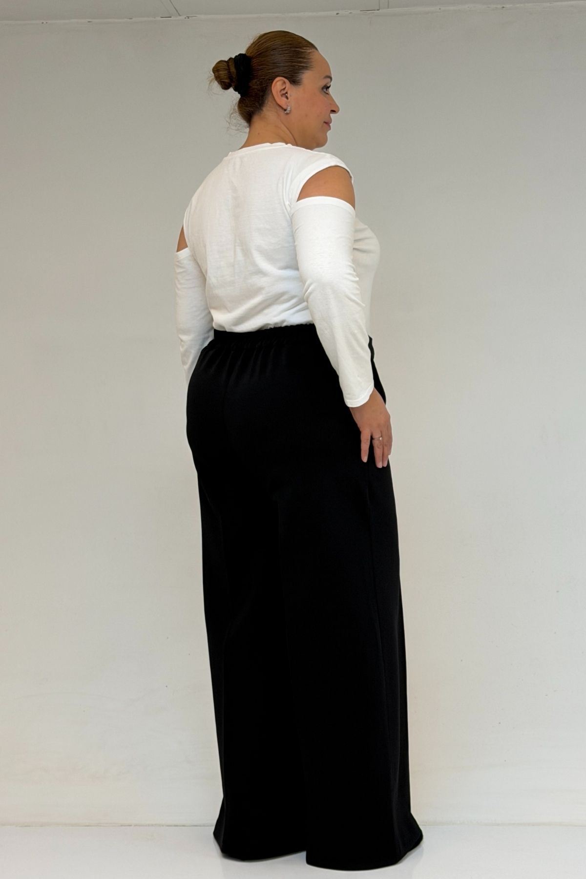 59042 Büyük Beden Çimalı Bol Paça Çelik Pantolon - Siyah