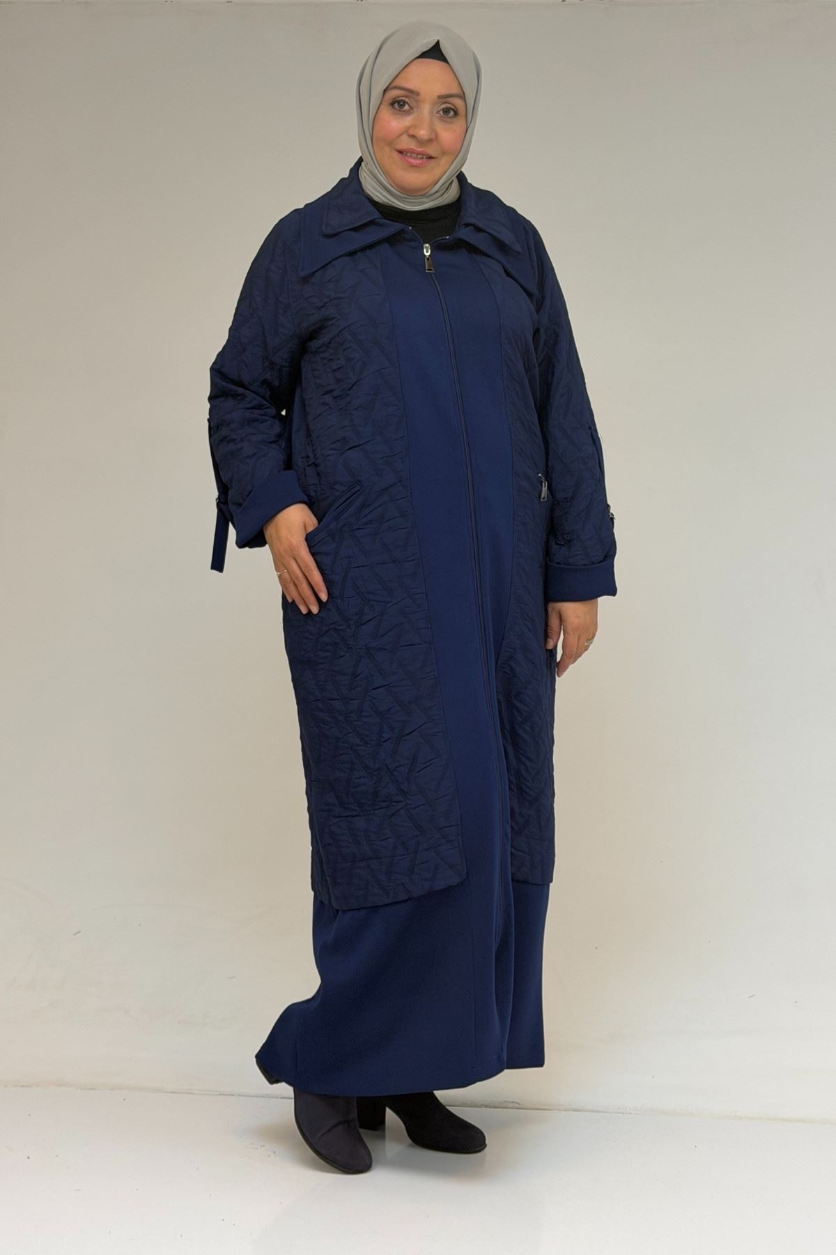 46018 Büyük Beden Fermuar Cepli Modal-Kapitone Kaban - İndigo-İndigo