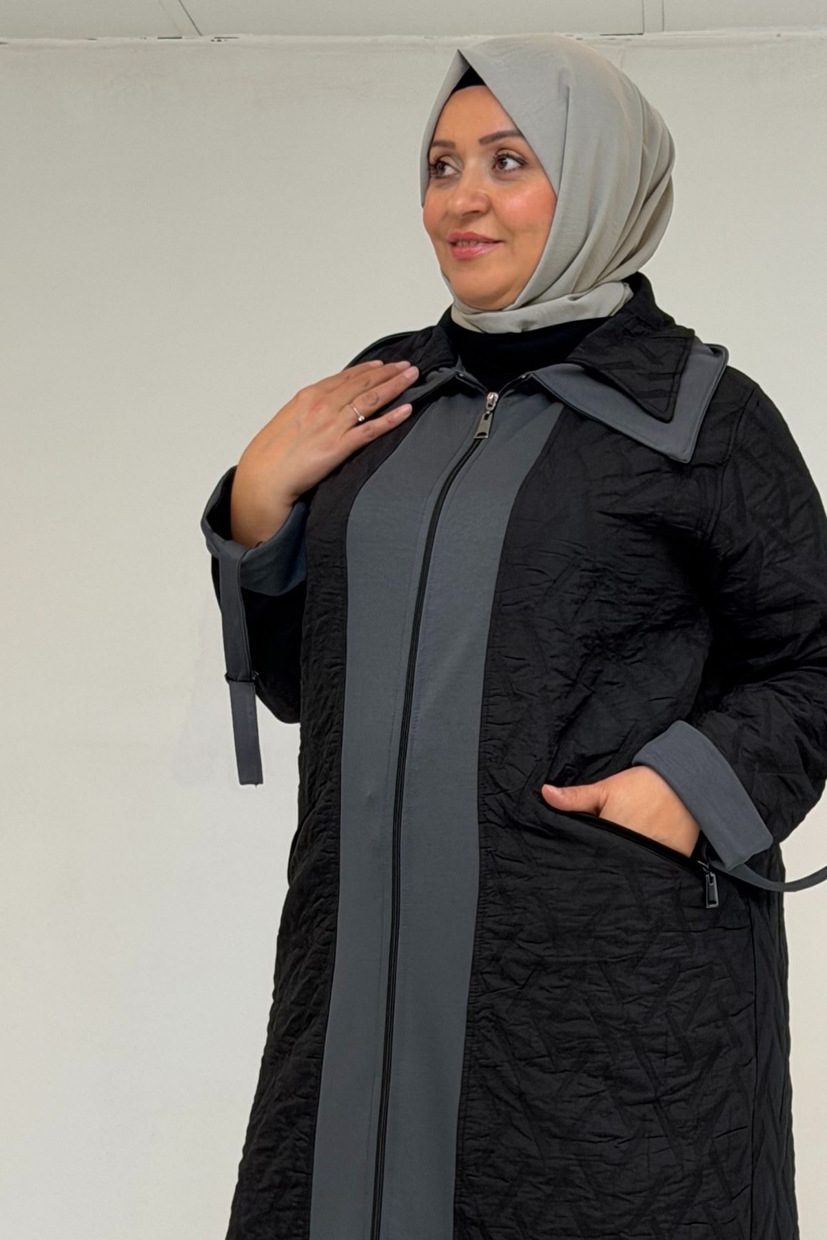 46018 Büyük Beden Fermuar Cepli Modal-Kapitone Kaban - Siyah-Antrasit