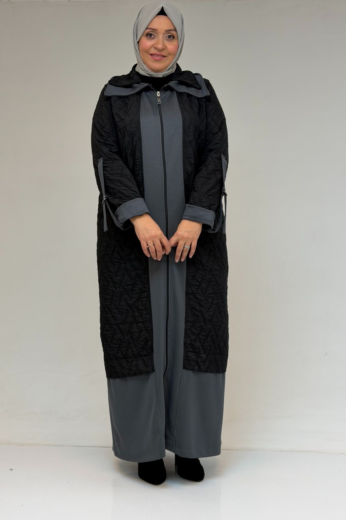 46018 Büyük Beden Fermuar Cepli Modal-Kapitone Kaban - Siyah-Antrasit