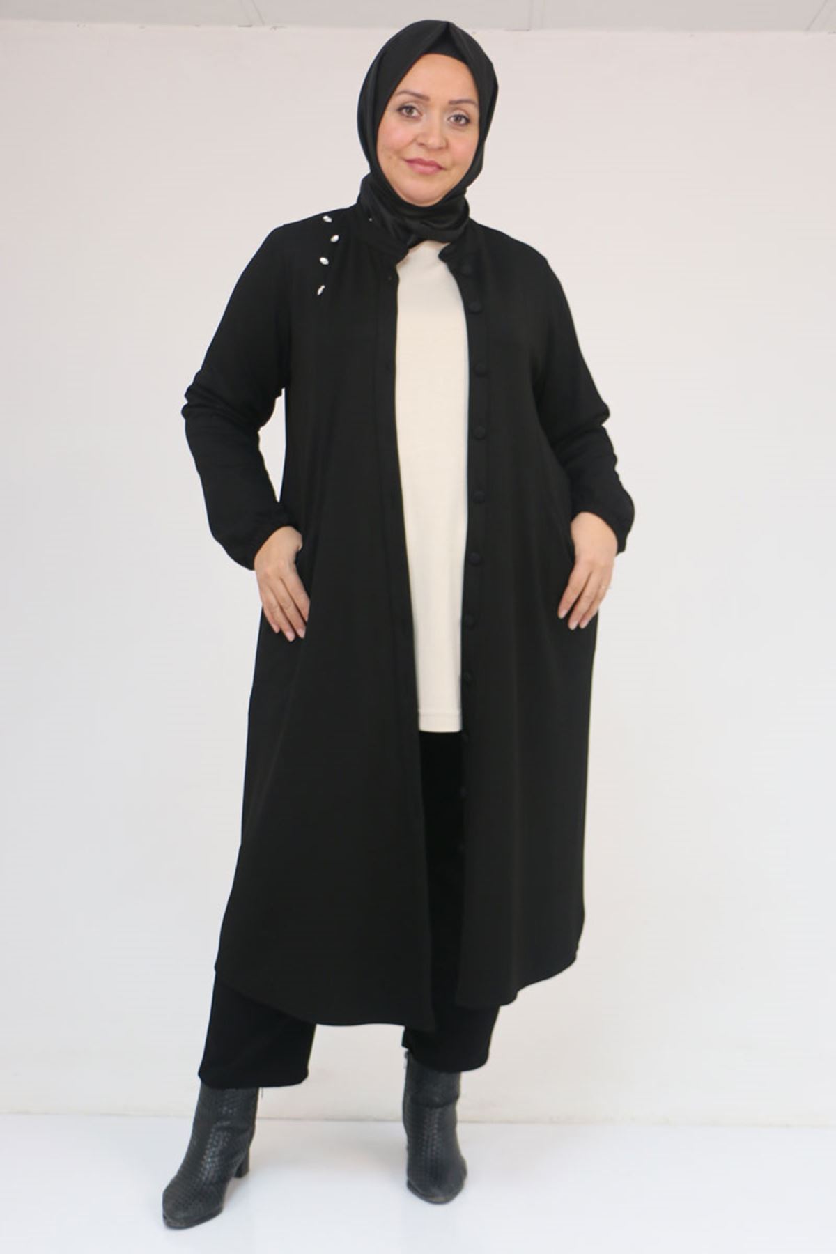 53054-E Büyük Beden Boydan Düğmeli Modal Ceket - Siyah 