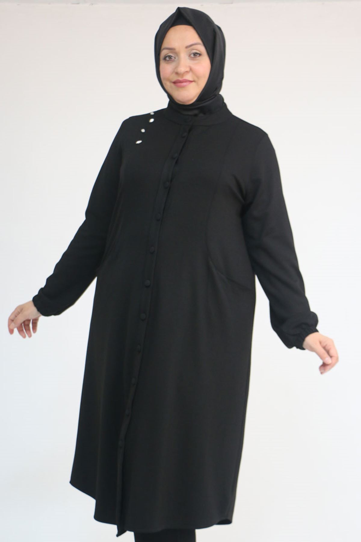 53054-E Büyük Beden Boydan Düğmeli Modal Ceket - Siyah 