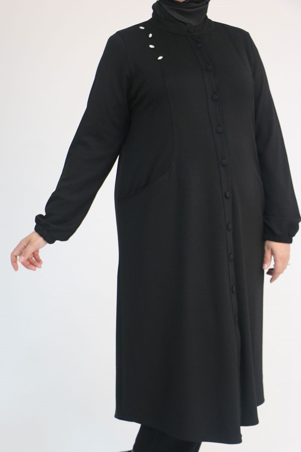 53054-E Büyük Beden Boydan Düğmeli Modal Ceket - Siyah 