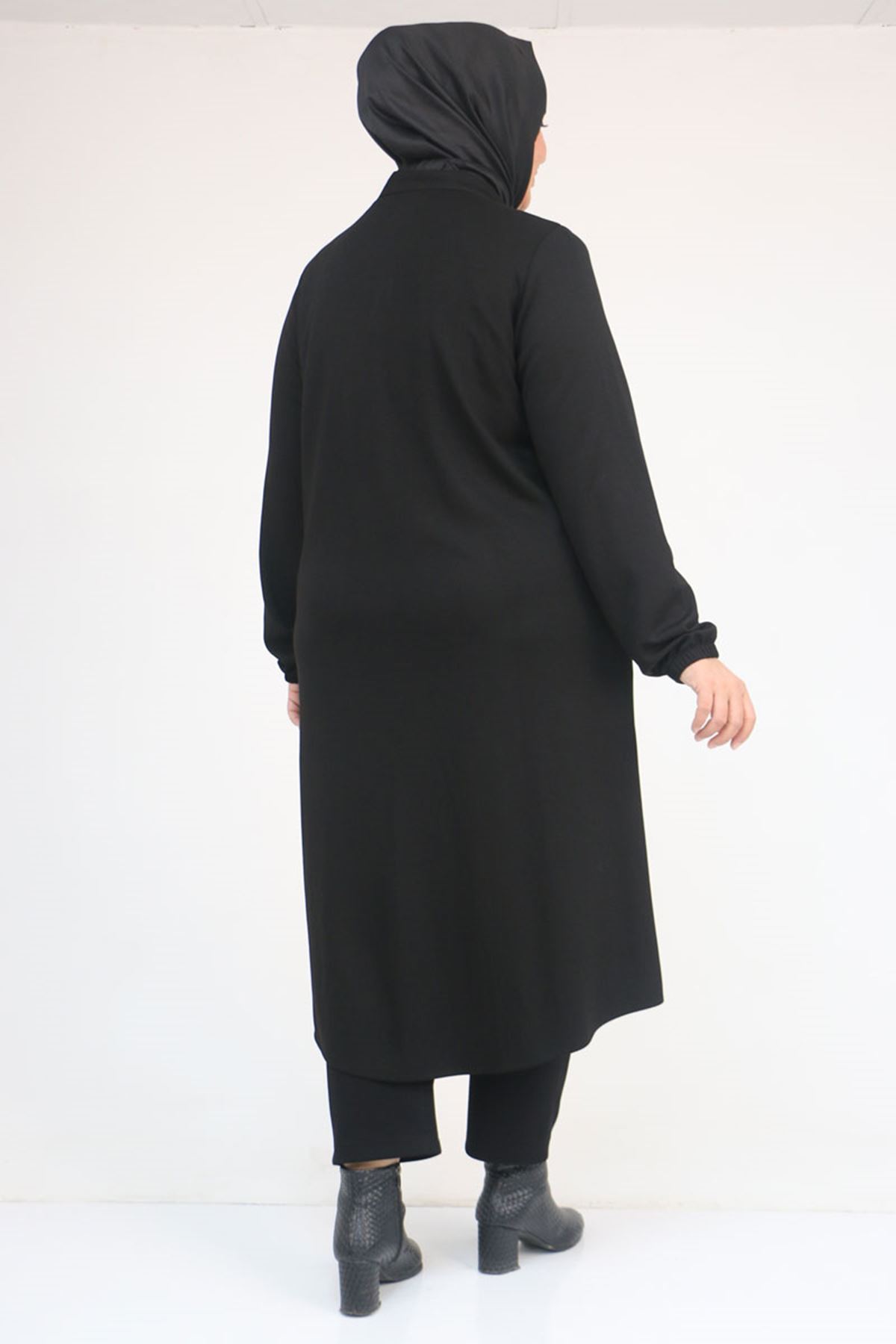 53054-E Büyük Beden Boydan Düğmeli Modal Ceket - Siyah 