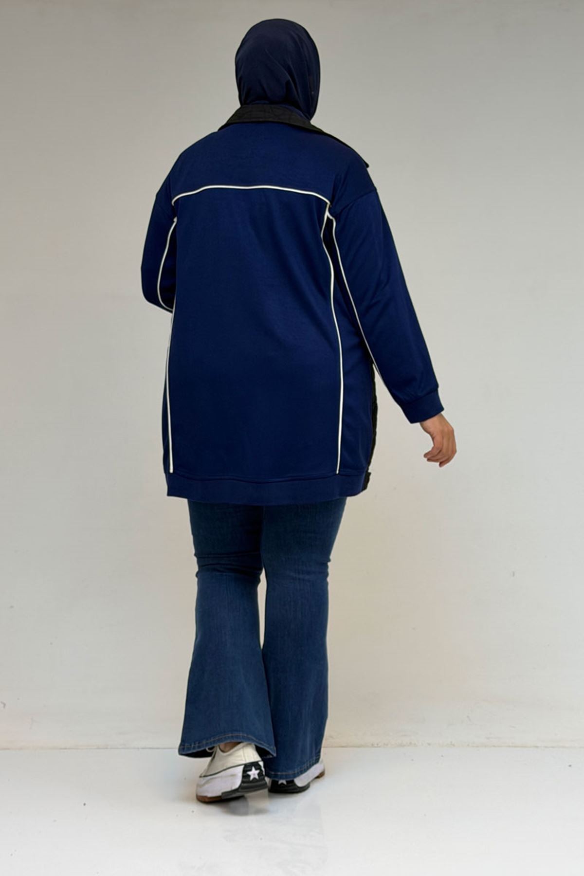 53029-E Büyük Beden Biye Detaylı Kombinli Modal-Kapitone Ceket - Siyah-İndigo 