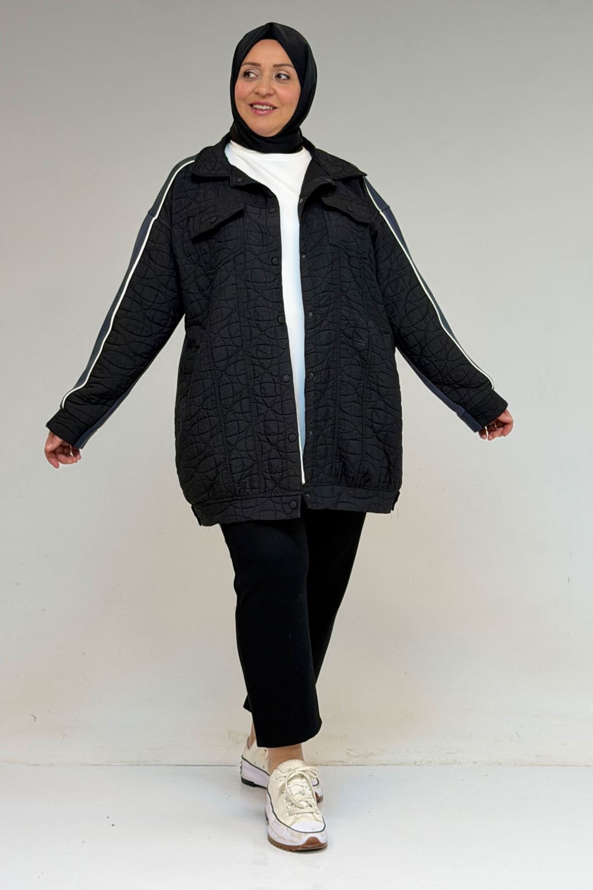 53029-E Büyük Beden Biye Detaylı Kombinli Modal-Kapitone Ceket - Siyah-İndigo 