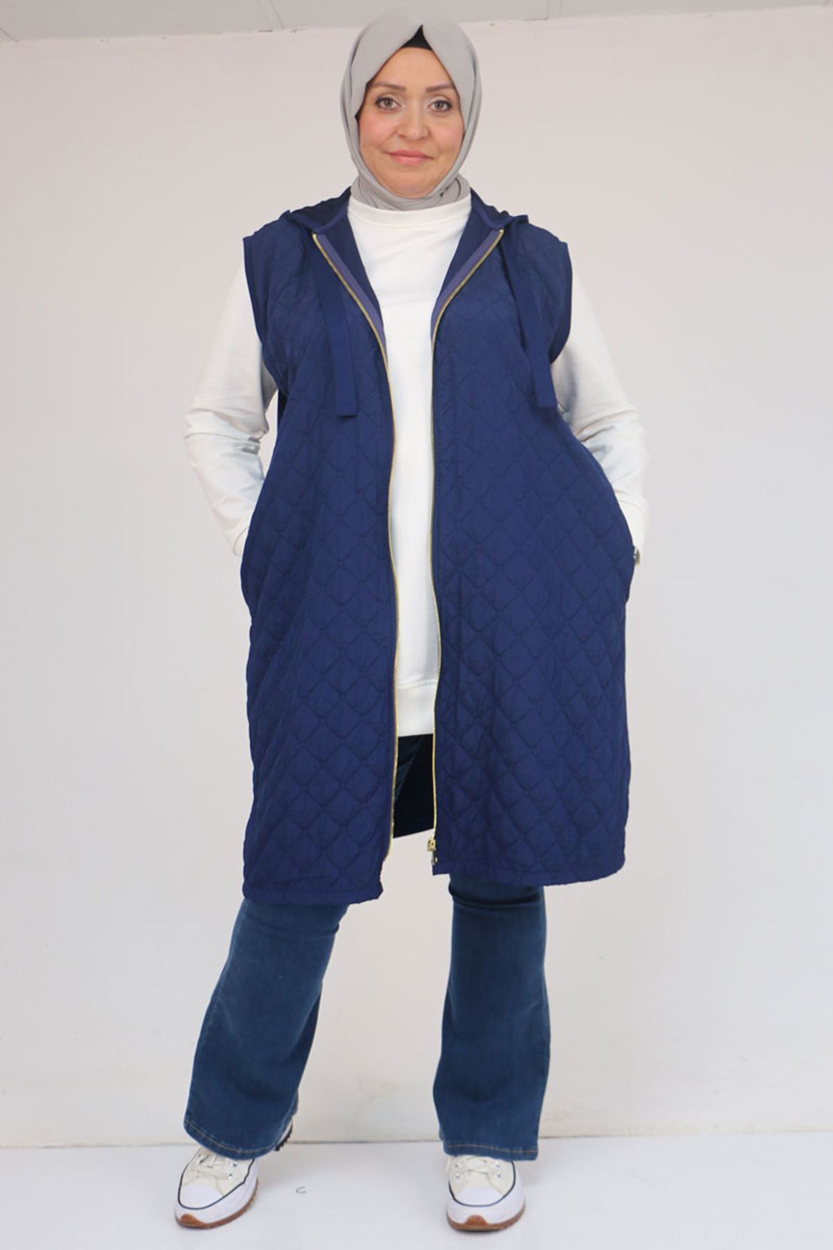 54009-E Büyük Beden Kapitone - Modal Yelek - İndigo