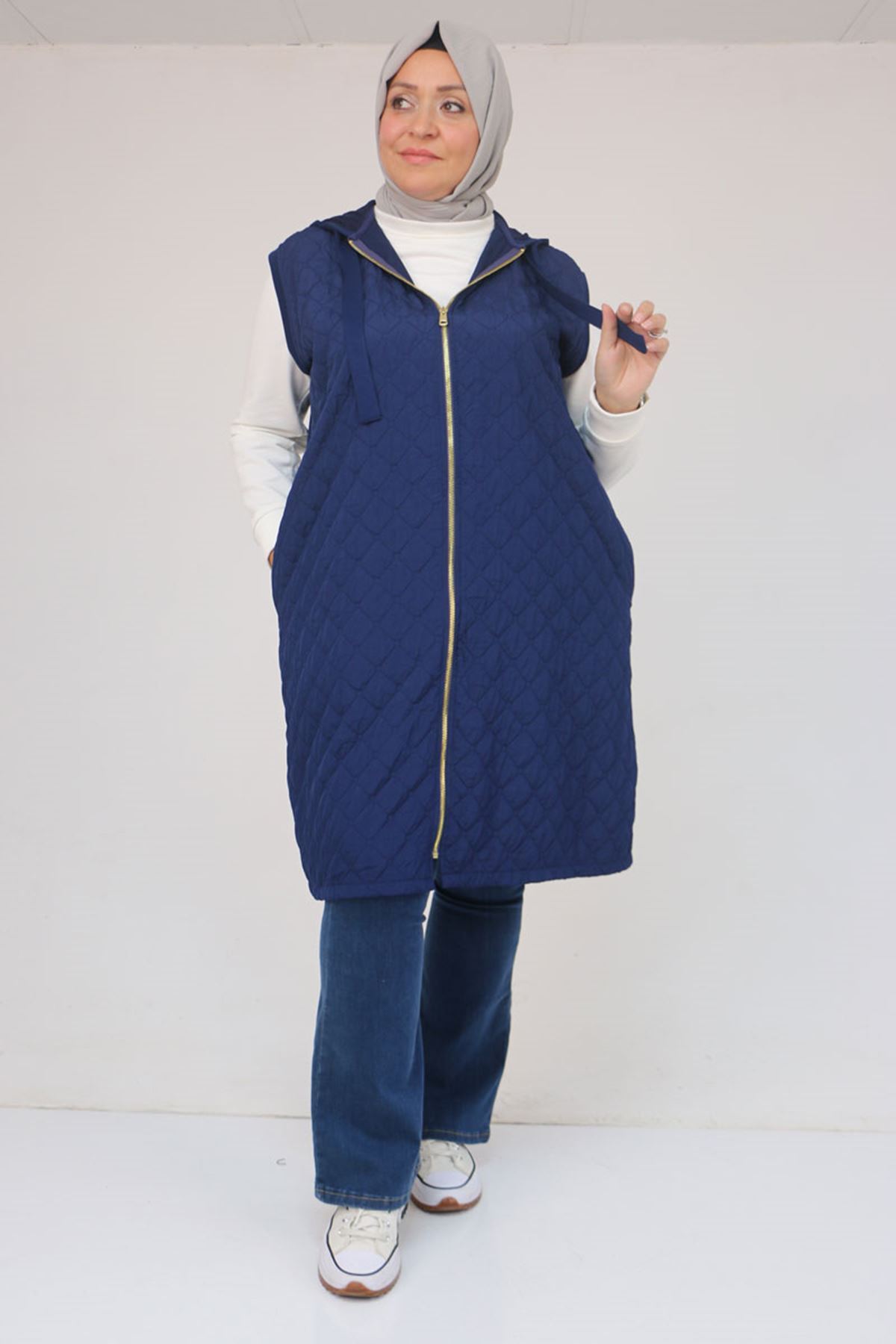 54009-E Büyük Beden Kapitone - Modal Yelek - İndigo