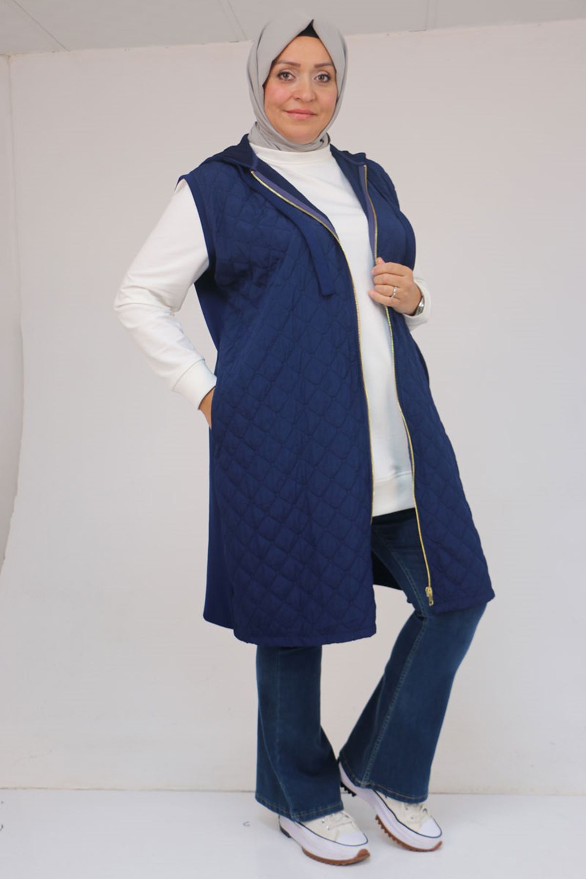 54009-E Büyük Beden Kapitone - Modal Yelek - İndigo