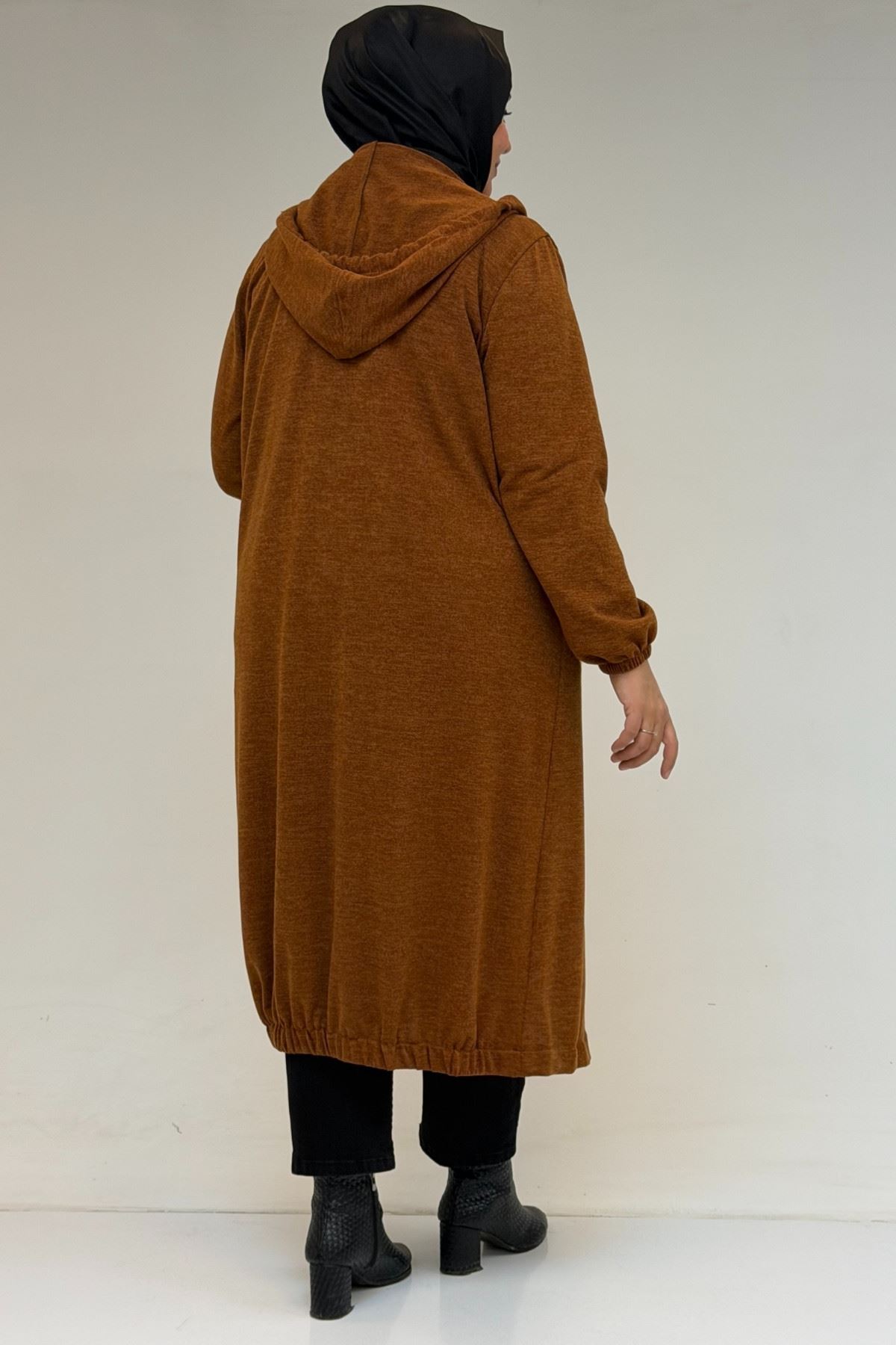 53065 Büyük Beden Kapüşonlu - Düğmeli Mir Ceket - Taba