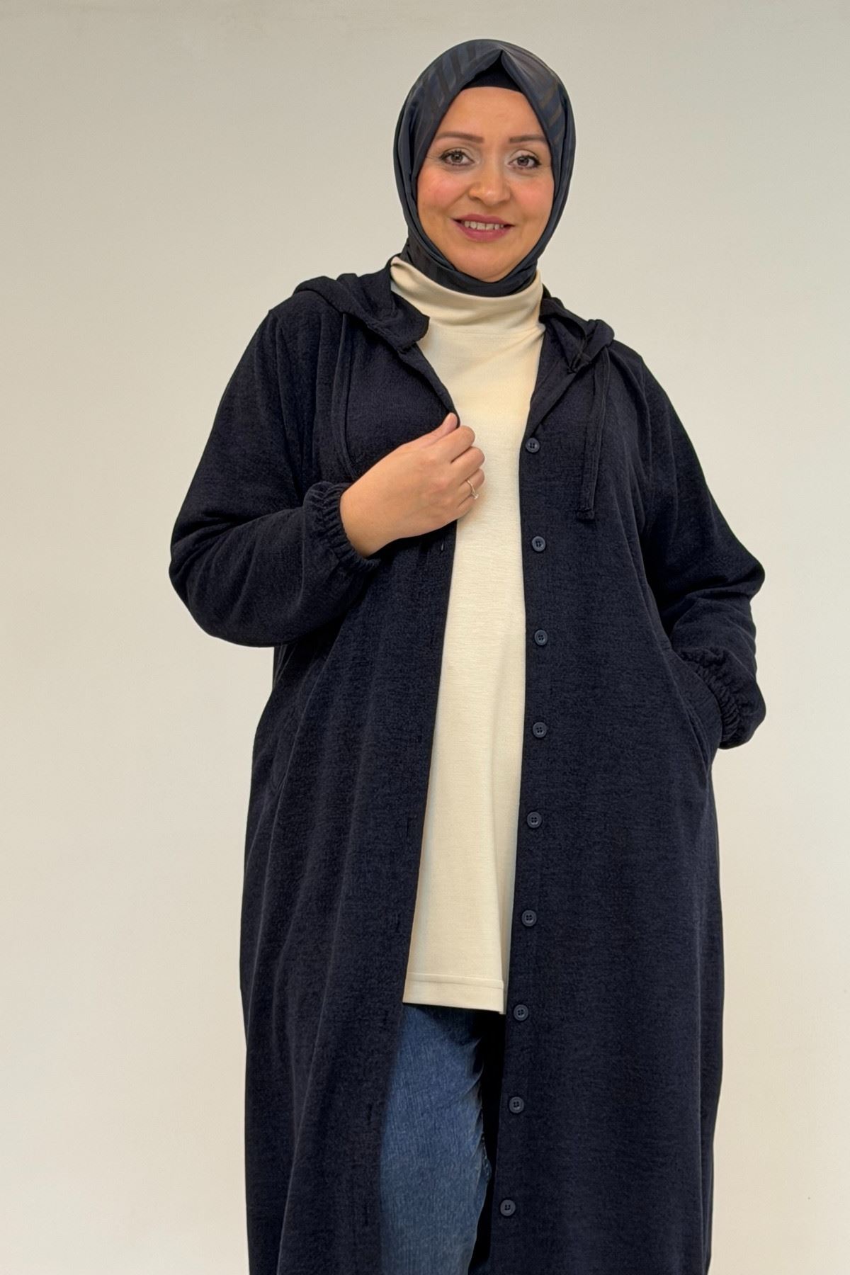 53065 Büyük Beden Kapüşonlu - Düğmeli Mir Ceket - Lacivert