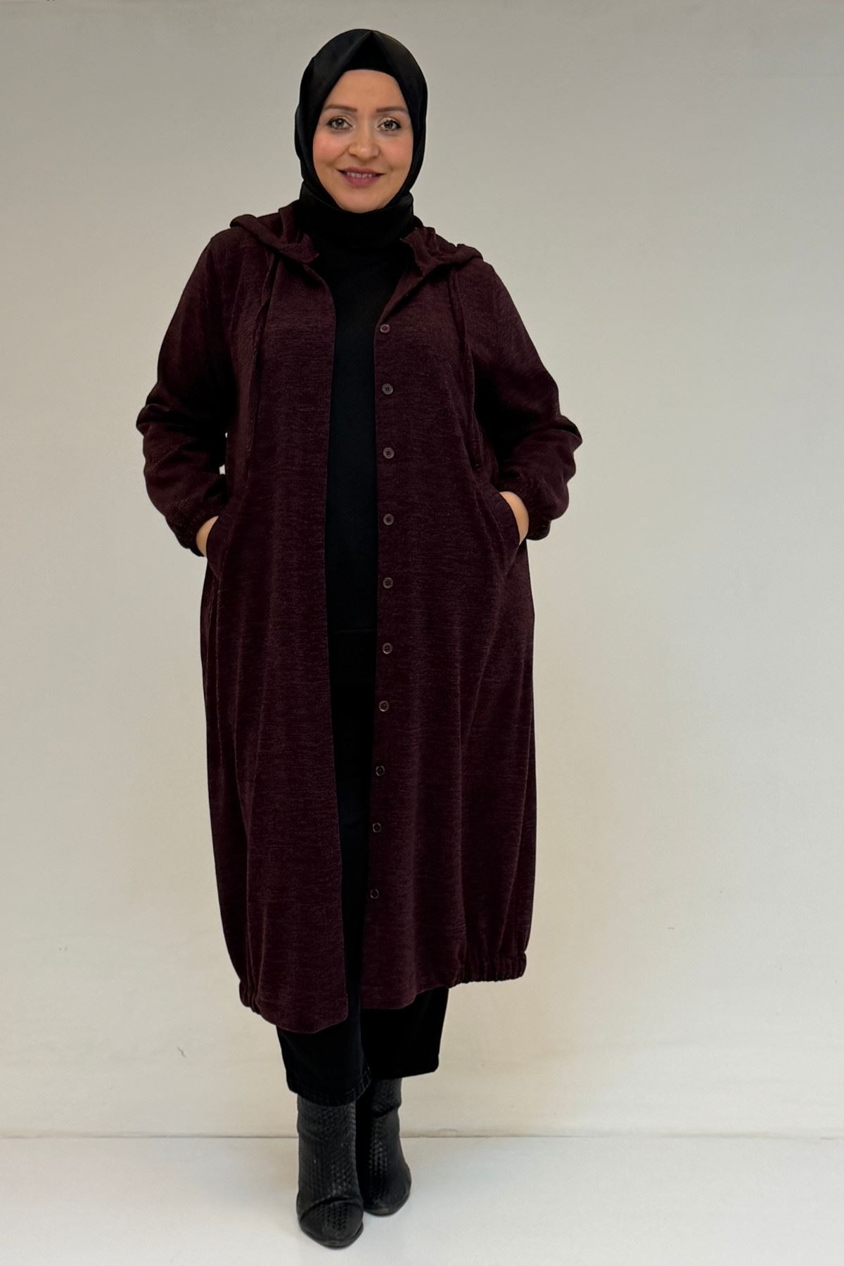 53065 Büyük Beden Kapüşonlu - Düğmeli Mir Ceket - Mürdüm