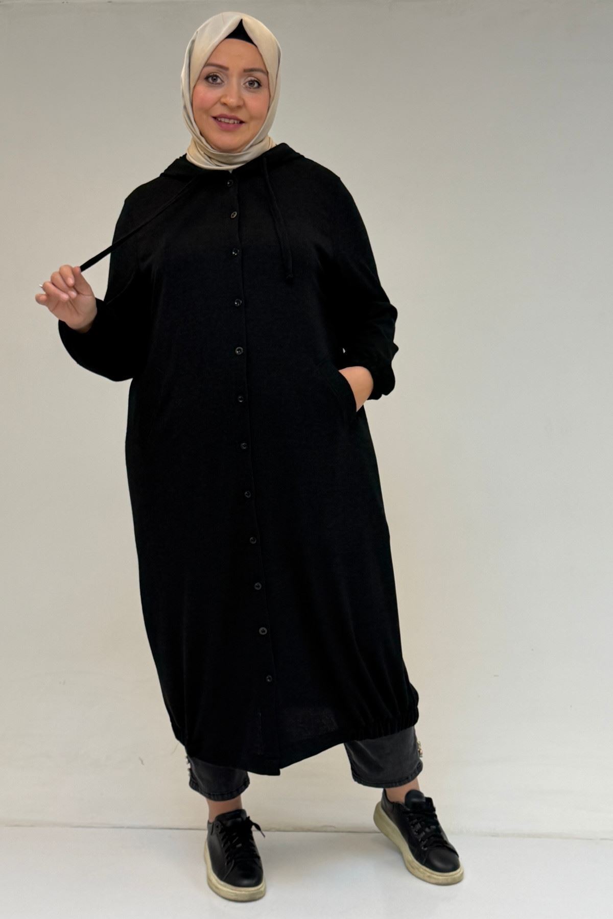 53065 Büyük Beden Kapüşonlu - Düğmeli Mir Ceket - Siyah