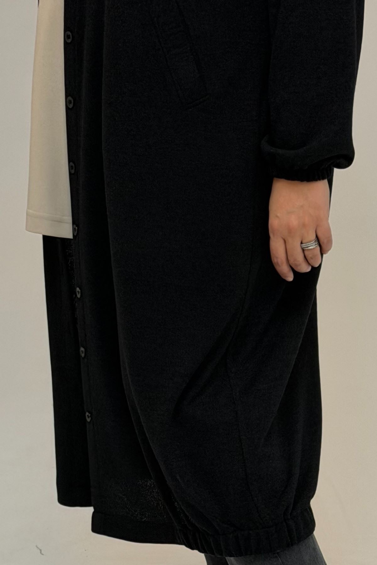 53065 Büyük Beden Kapüşonlu - Düğmeli Mir Ceket - Siyah