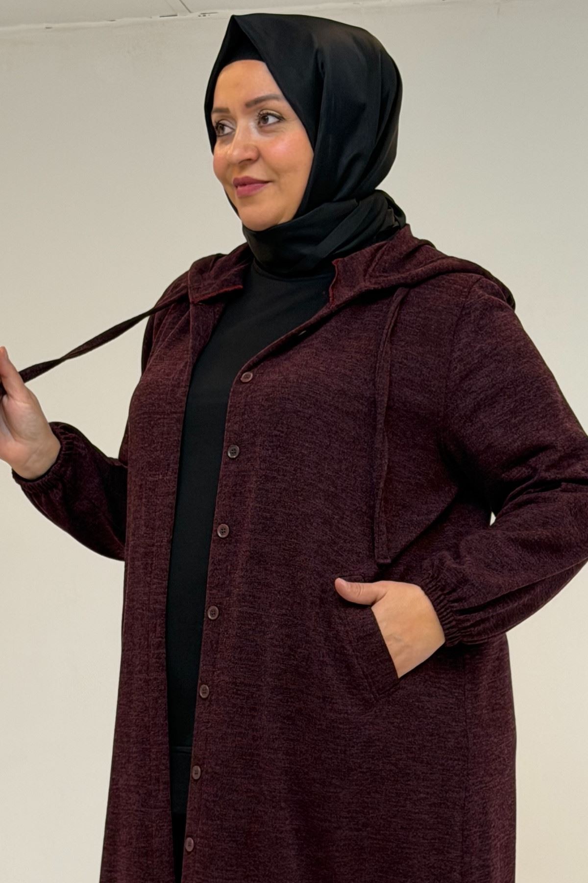 53065 Büyük Beden Kapüşonlu - Düğmeli Mir Ceket - Mürdüm