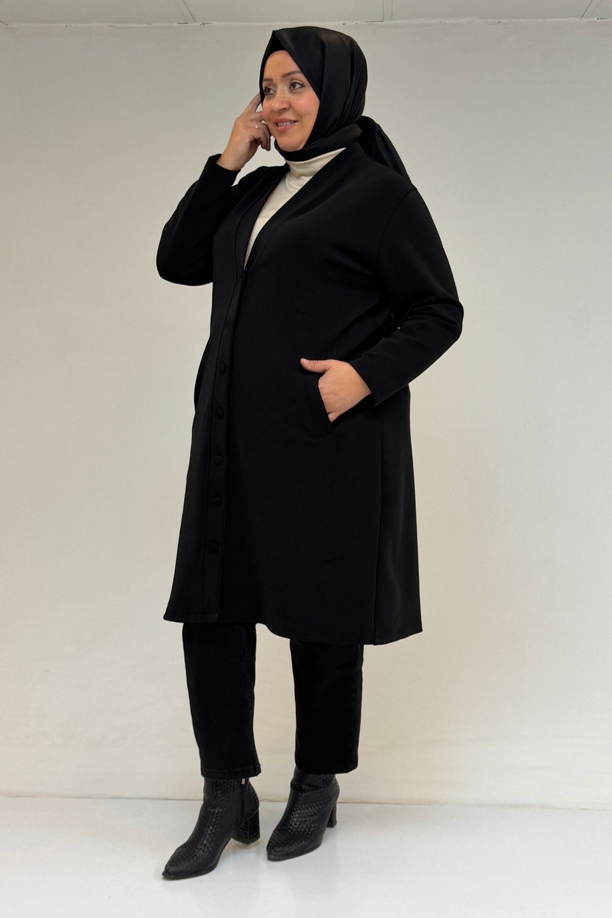 53066 Büyük Beden Cep Detaylı Çelik Ceket - Siyah