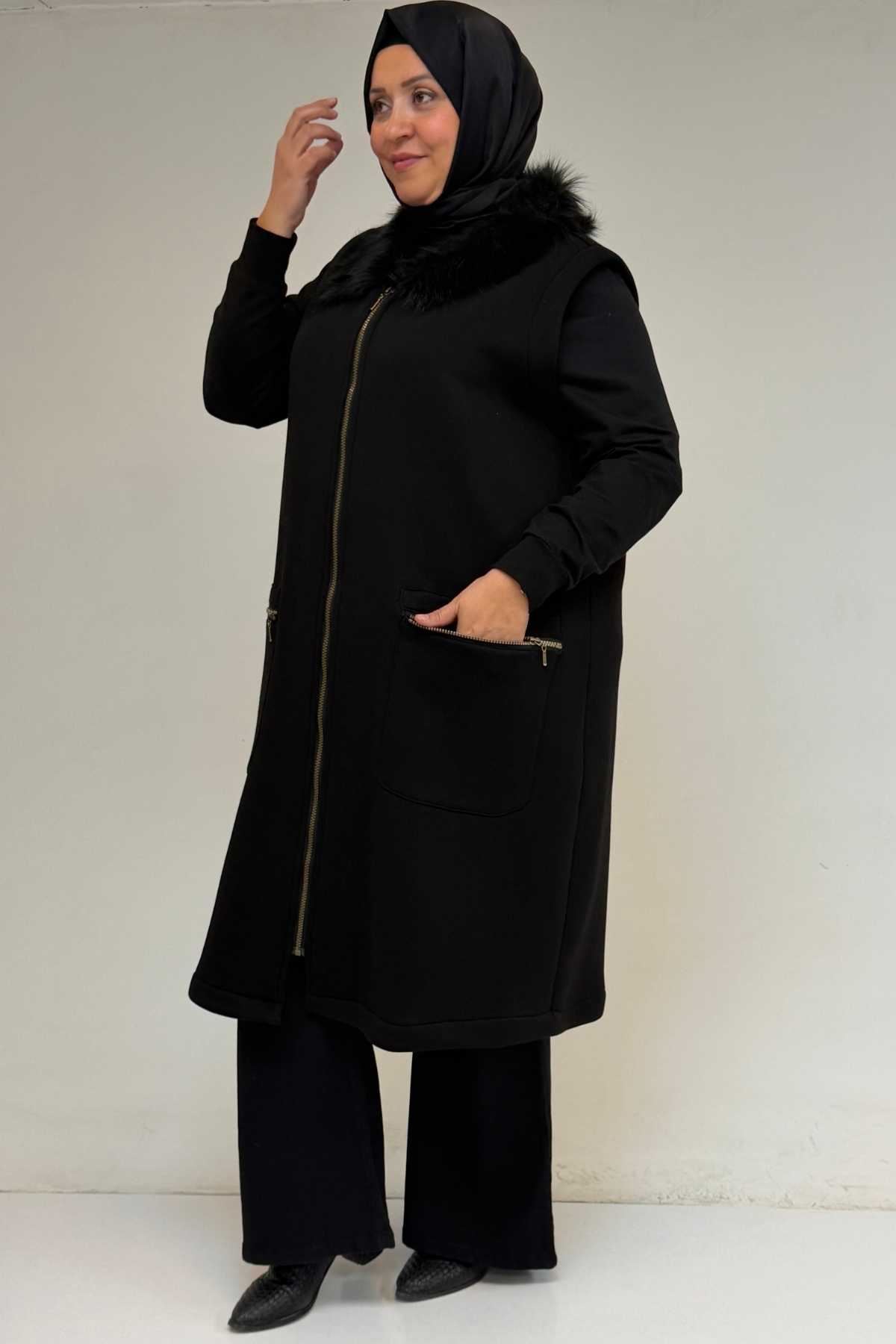 44006-E Büyük Beden Cepleri Fermuarlı Üç İplik Yelek - Siyah