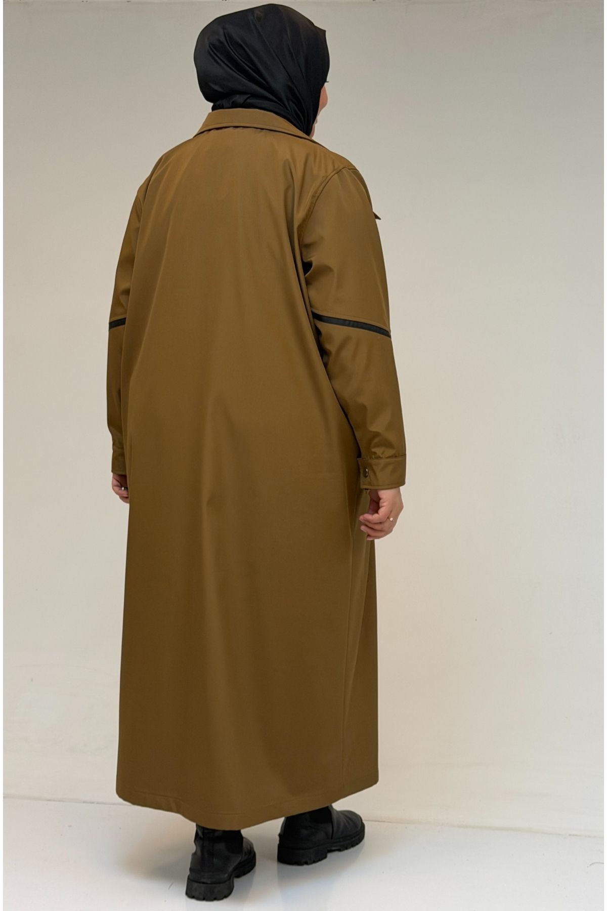 53062 Büyük Beden Sahte Cep Detaylı Bondit Trençkot - Taba