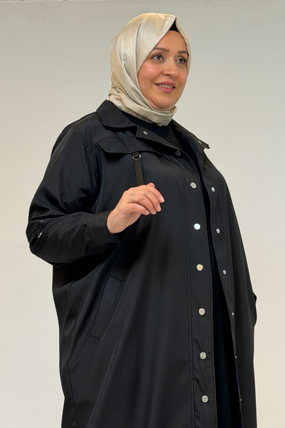 53062 Büyük Beden Sahte Cep Detaylı Bondit Trençkot - Siyah