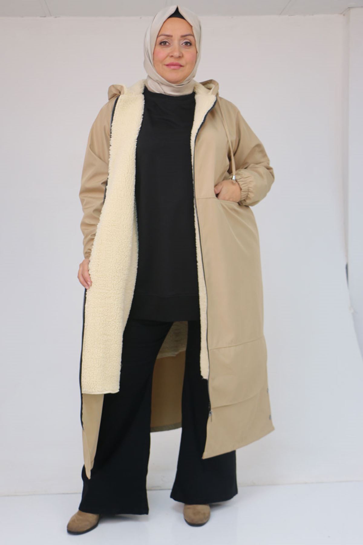 43062-E Büyük Beden Kolları Lastikli Kapşonlu Bondit Kap - Bej 