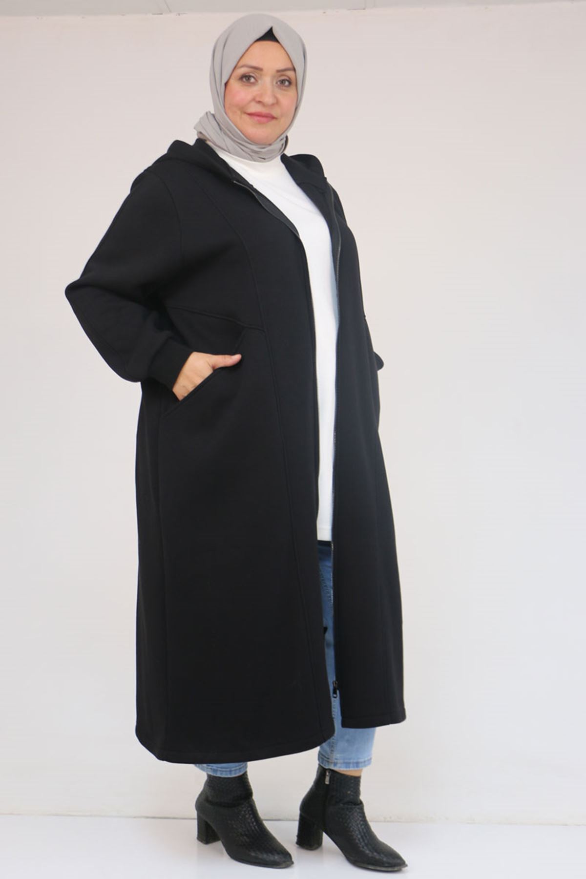 53059-E Büyük Beden Kolları Ribanalı Üç İplik Kap - Siyah