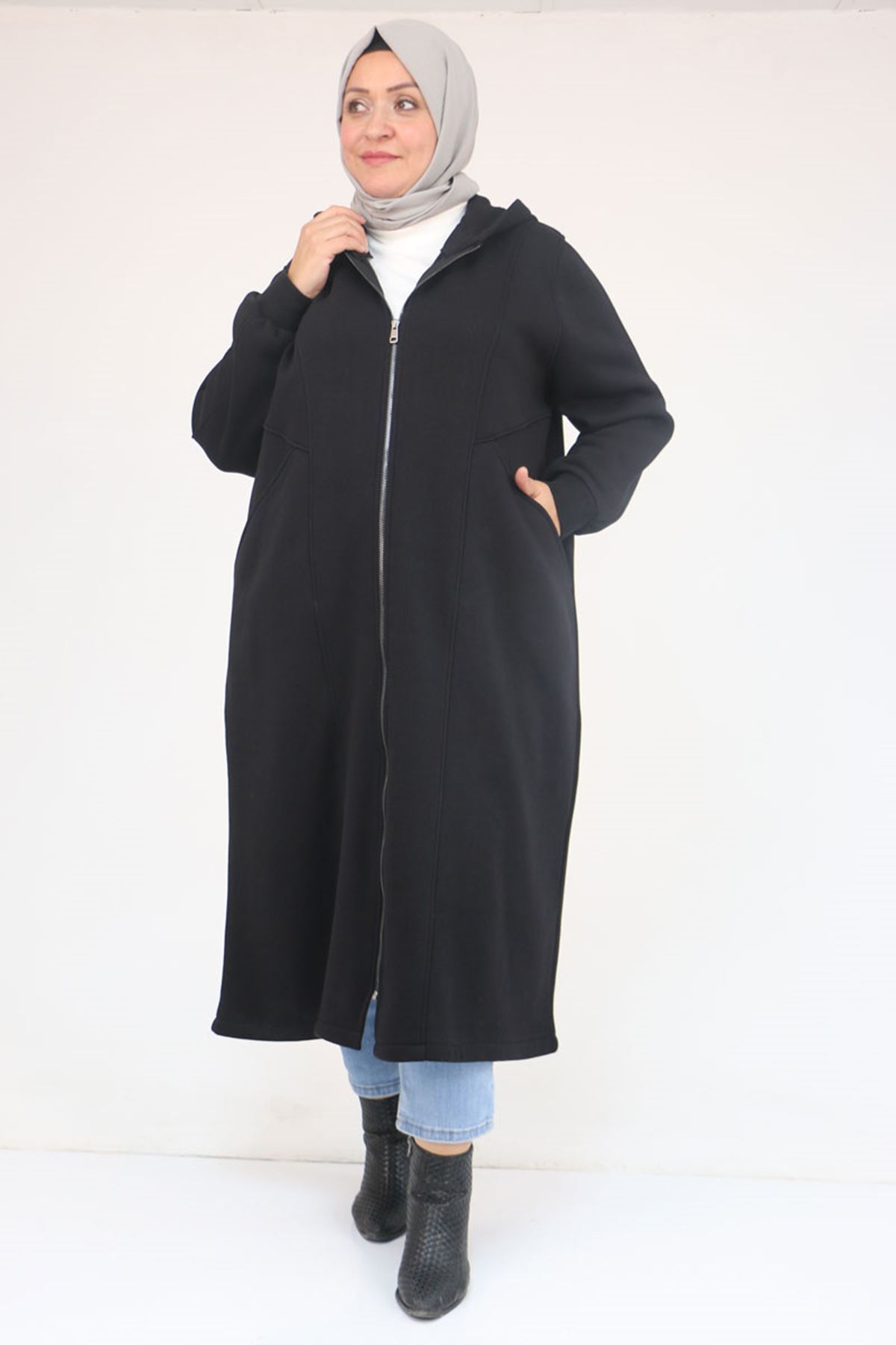 53059-E Büyük Beden Kolları Ribanalı Üç İplik Kap - Siyah