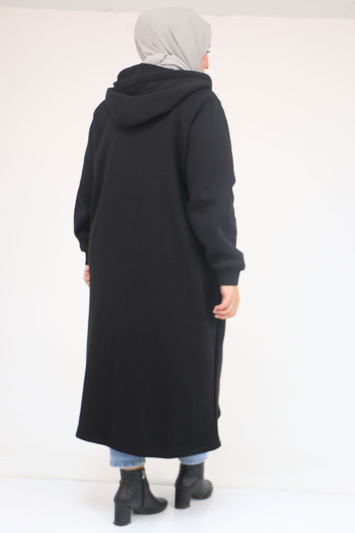 53059-E Büyük Beden Kolları Ribanalı Üç İplik Kap - Siyah