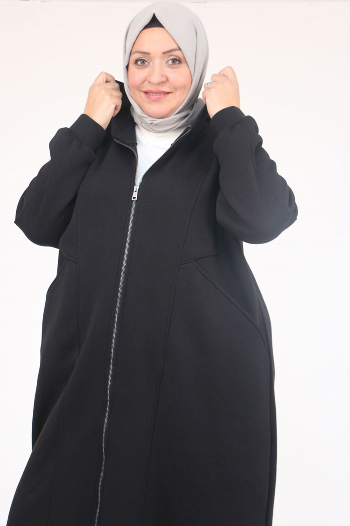 53059-E Büyük Beden Kolları Ribanalı Üç İplik Kap - Siyah