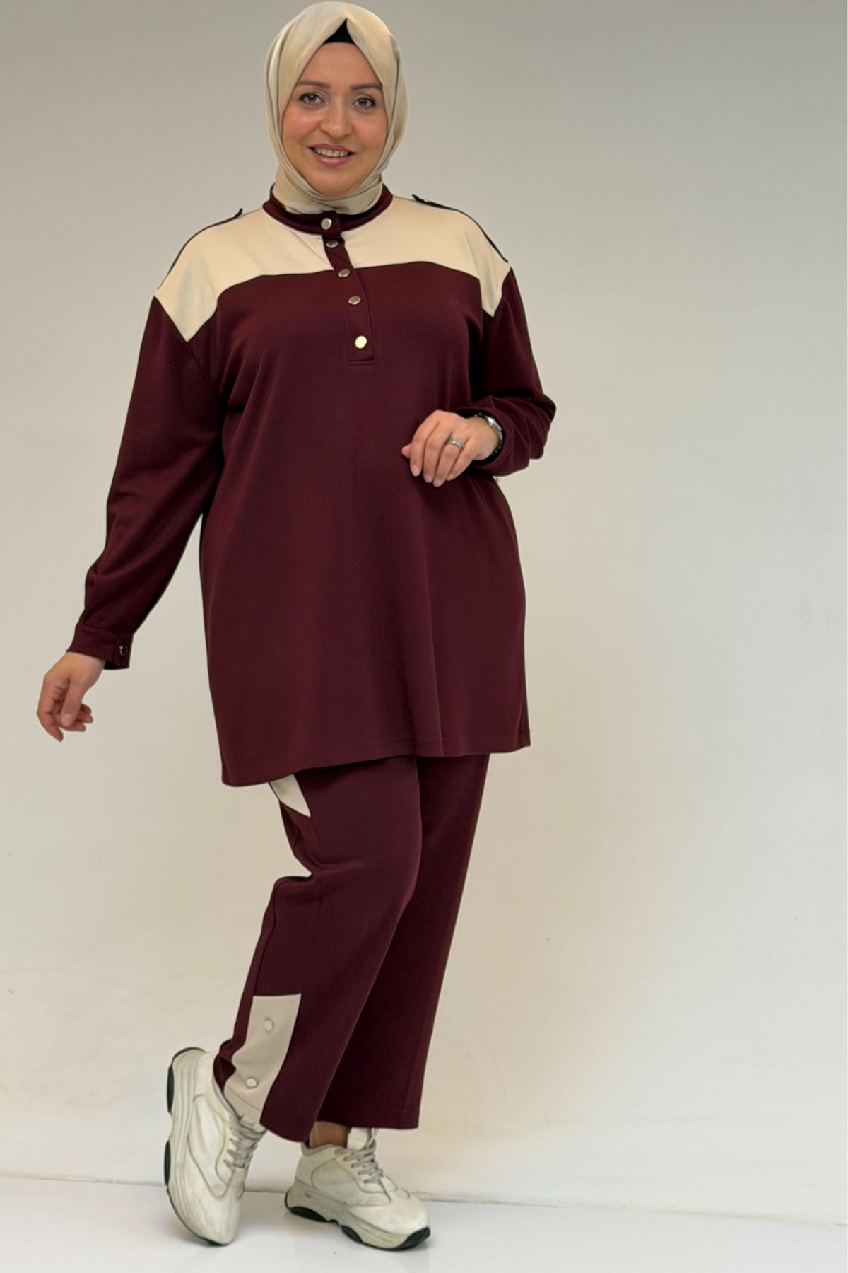 57042 Büyük Beden Yarım Patlı Çıtçıtlı Modal Pantolonlu Takım - Bordo