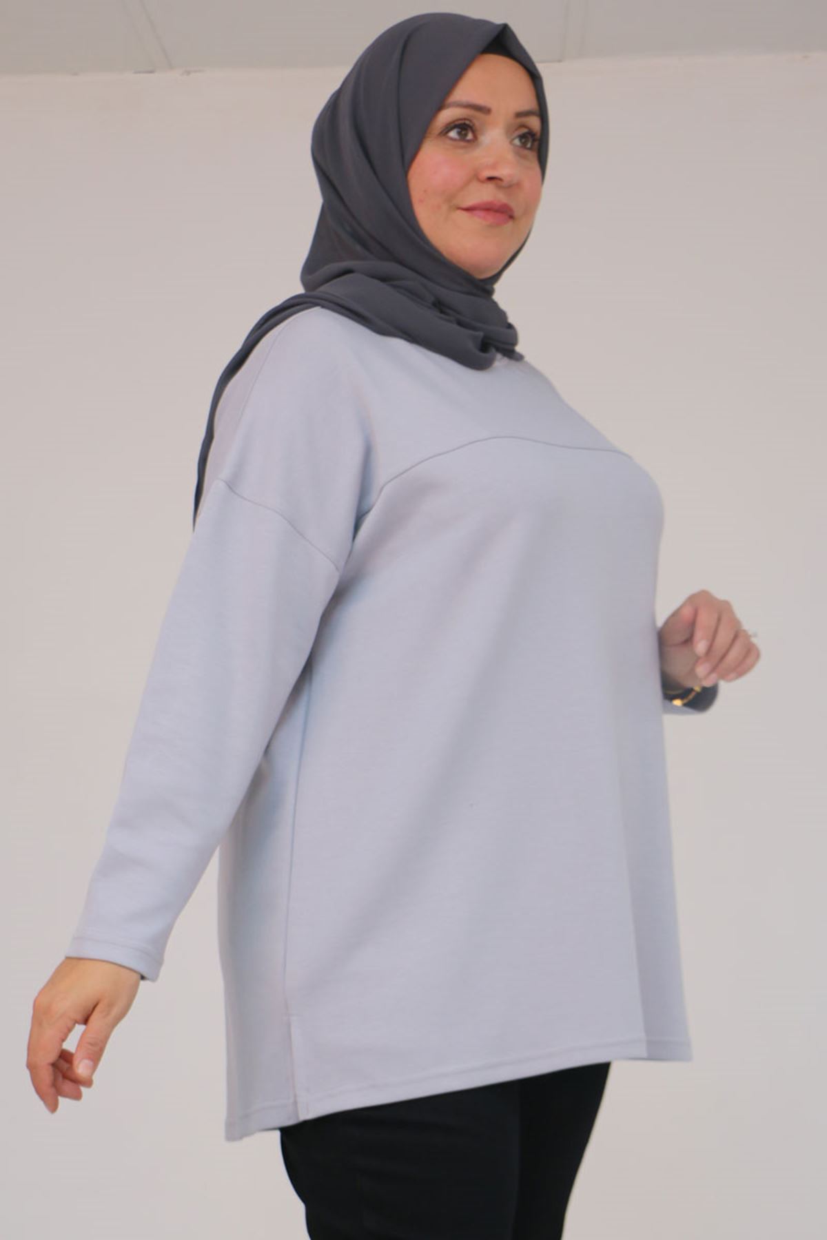 58132-E Büyük Beden Önü Çıma Detaylı Yanı Yırtmaçlı Modal Tunik - Gri