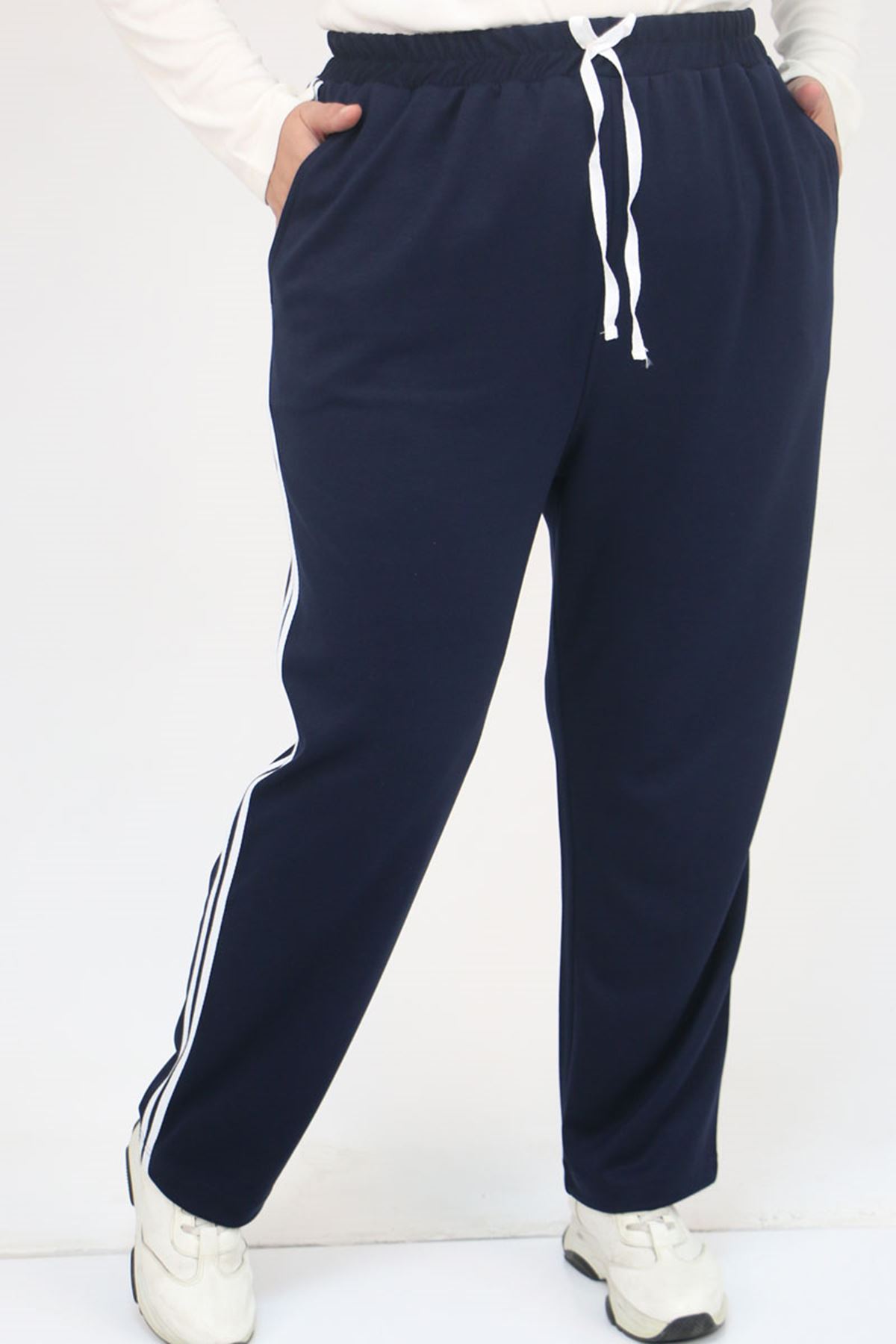 59505-E Büyük Beden Yüksekbel Yanları Şeritli Modal Eşofman Altı - Lacivert