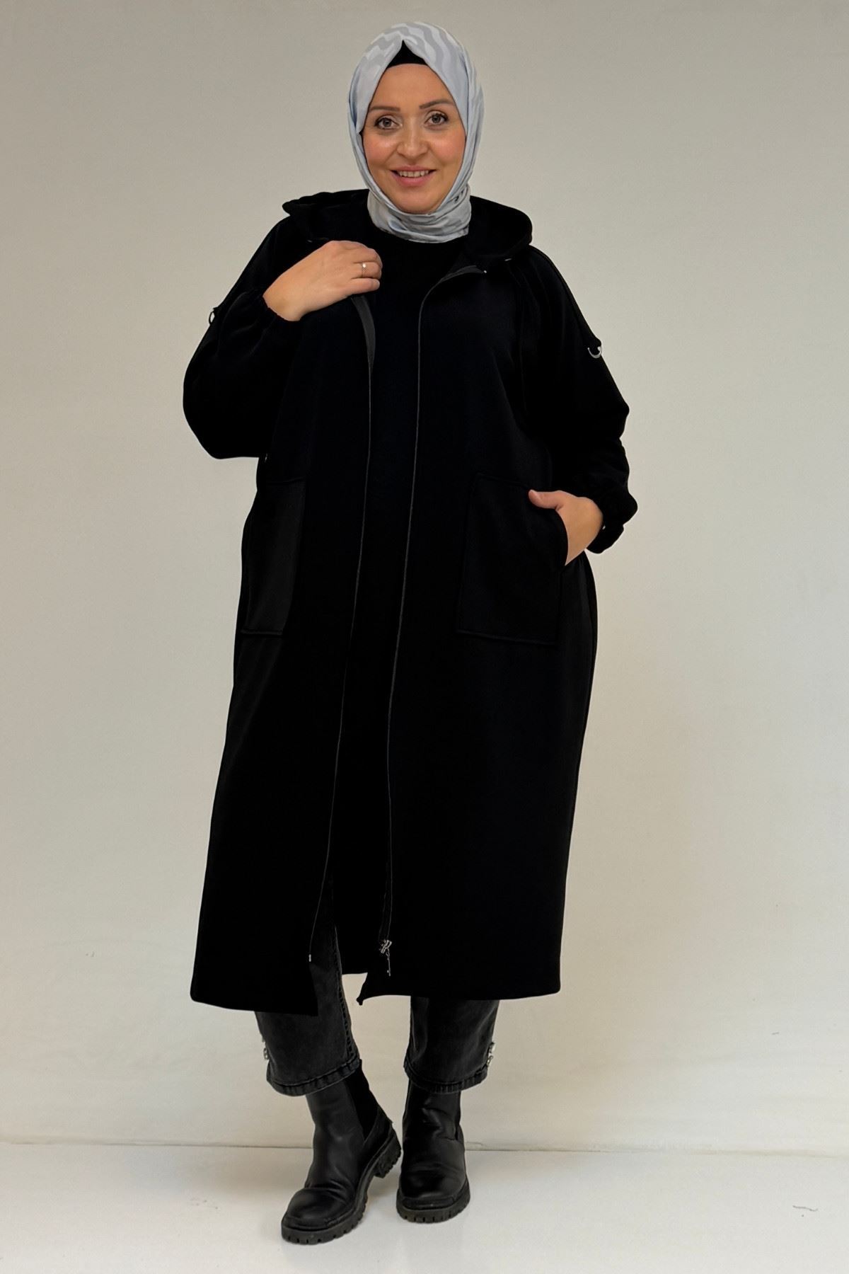 53074-E Büyük Beden Fermuarlı Reglan Kol Çelik Ceket - Siyah