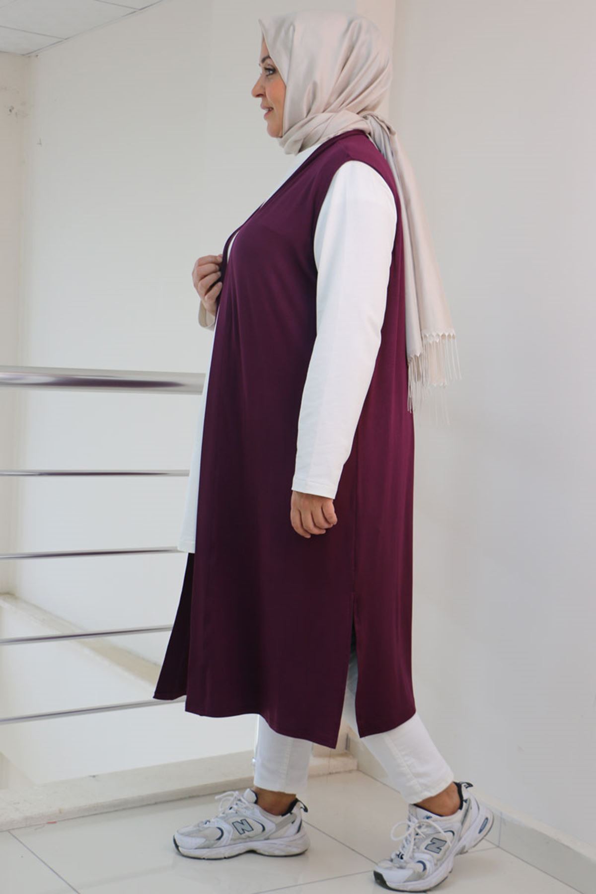 34000-E Büyük Beden Penye Giy-Çık Yelek -  Mürdüm 