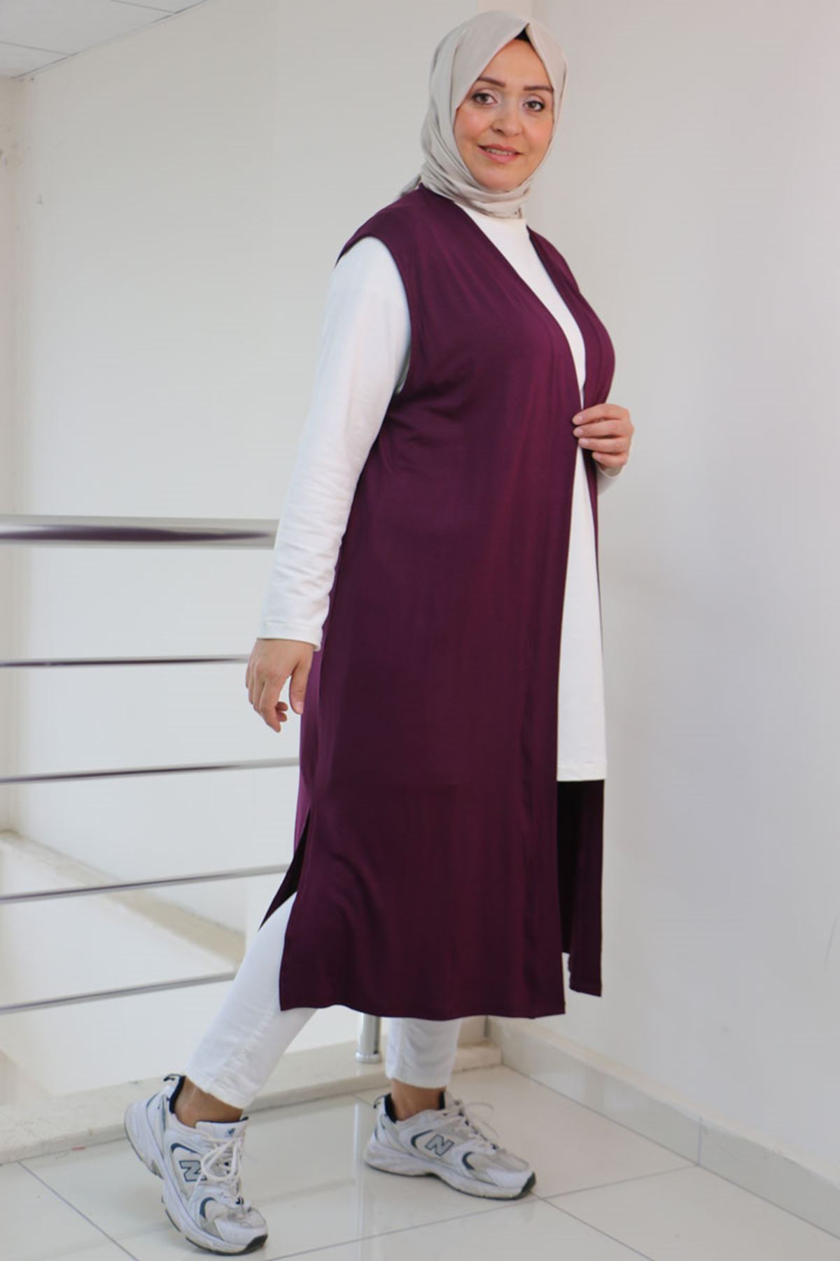 34000-E Büyük Beden Penye Giy-Çık Yelek -  Mürdüm 