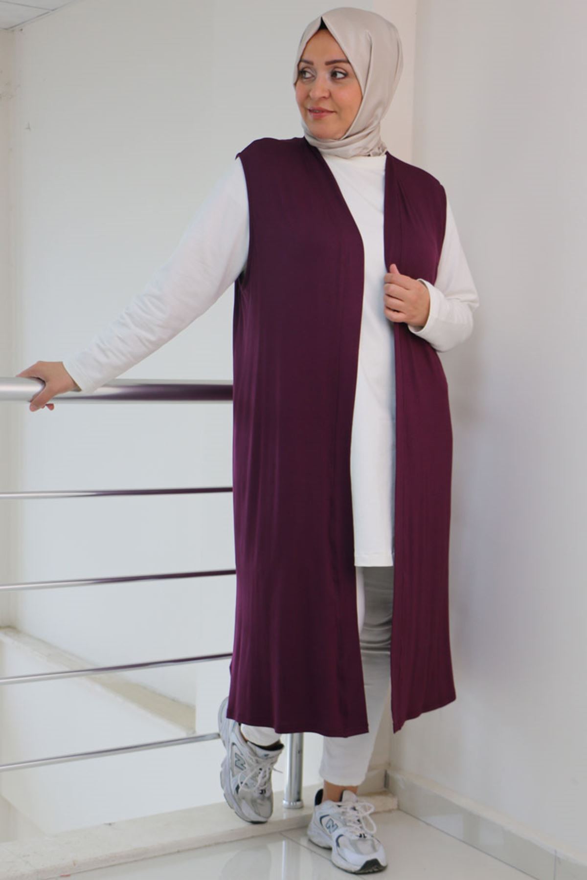 34000-E Büyük Beden Penye Giy-Çık Yelek -  Mürdüm 