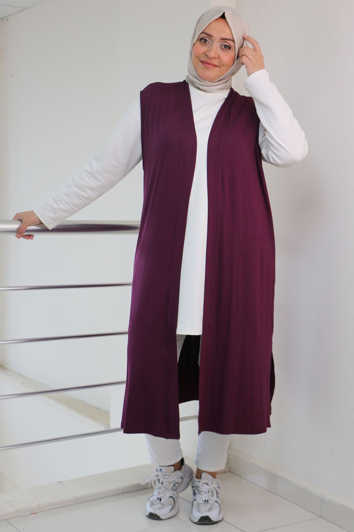 34000-E Büyük Beden Penye Giy-Çık Yelek -  Mürdüm 