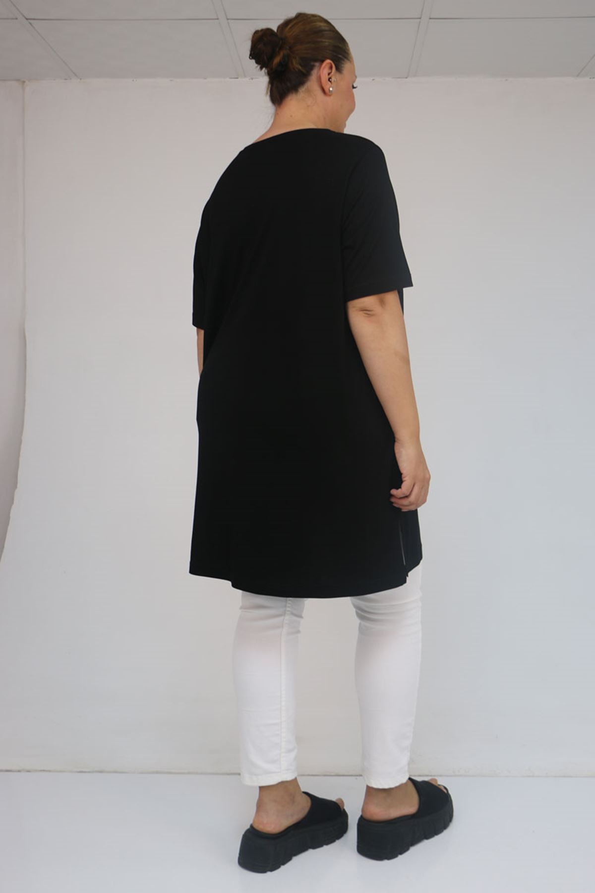 58507-E Büyük Beden Yakası Biyeli Penye Tişört - Siyah 