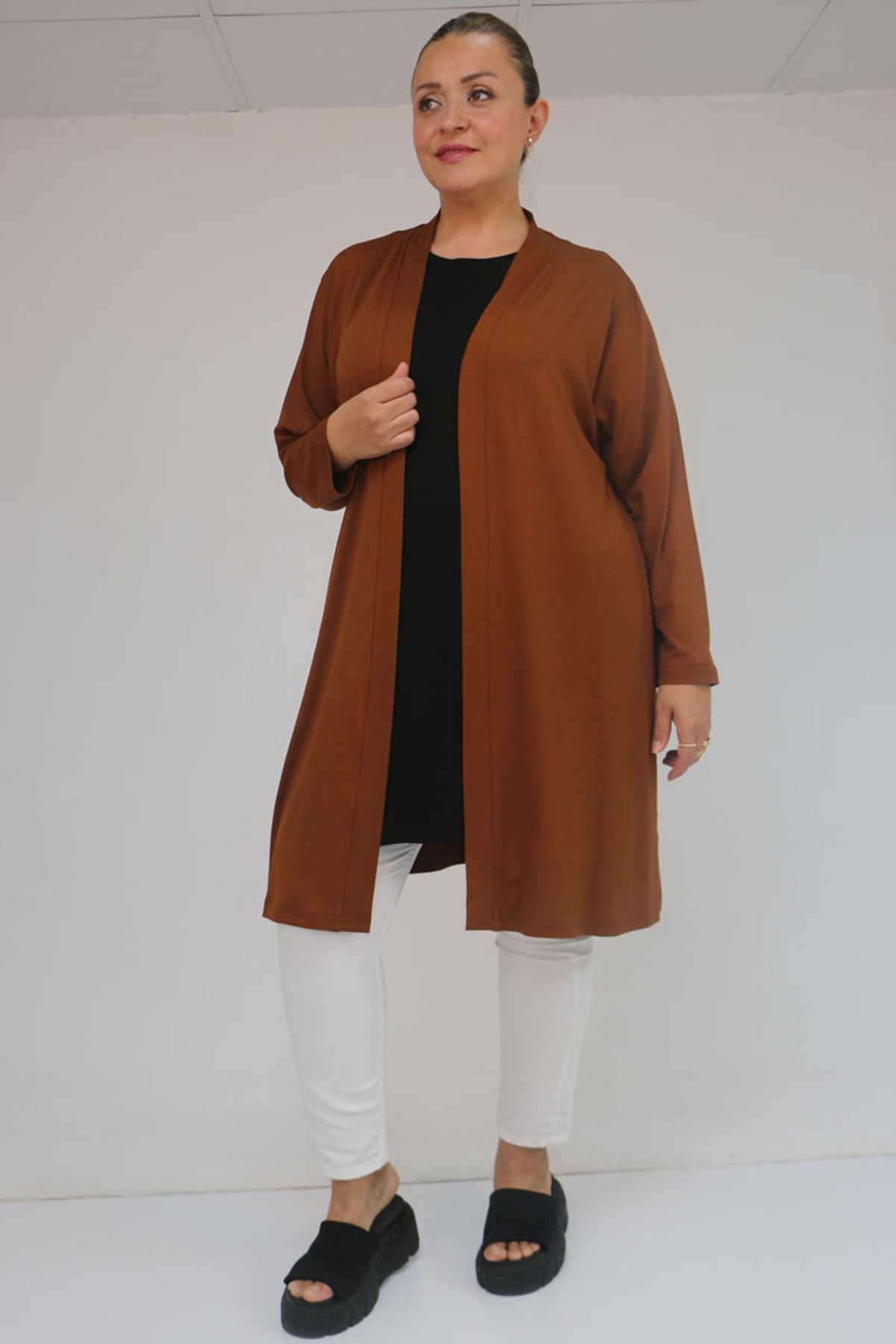 58507-E Büyük Beden Yakası Biyeli Penye Tişört - Siyah 